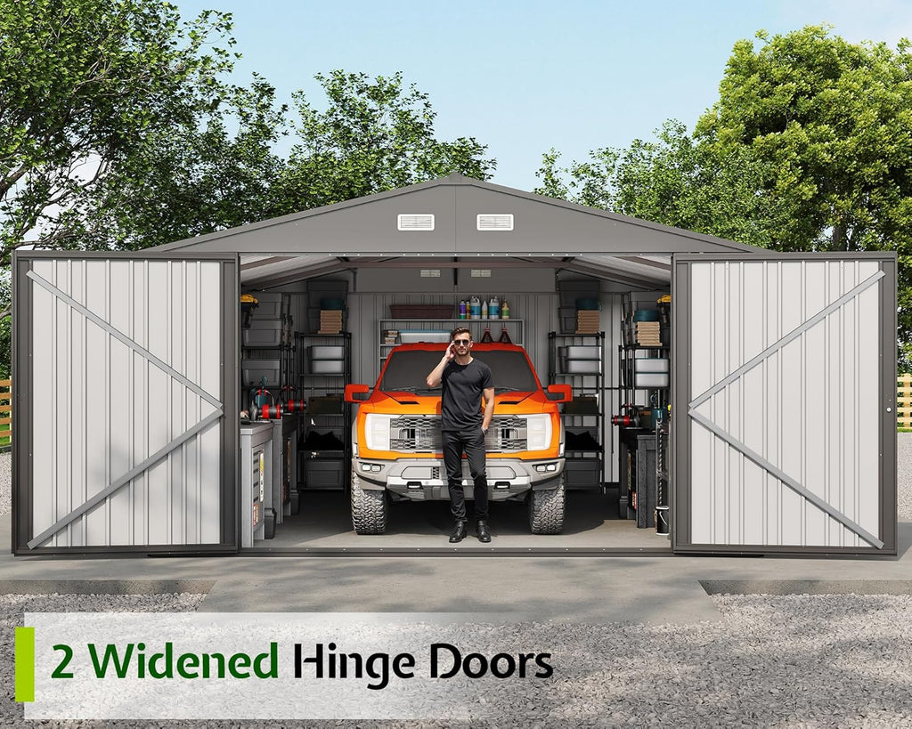 Jocisland 13.2x20.7x8 FT Heavy Duty Carport, Metal carport with 2 Lockable Doors & 4 Windows, Carport Canopy for for Truck, Car, Garbage Can, Tool, Lawnmower, Grey
