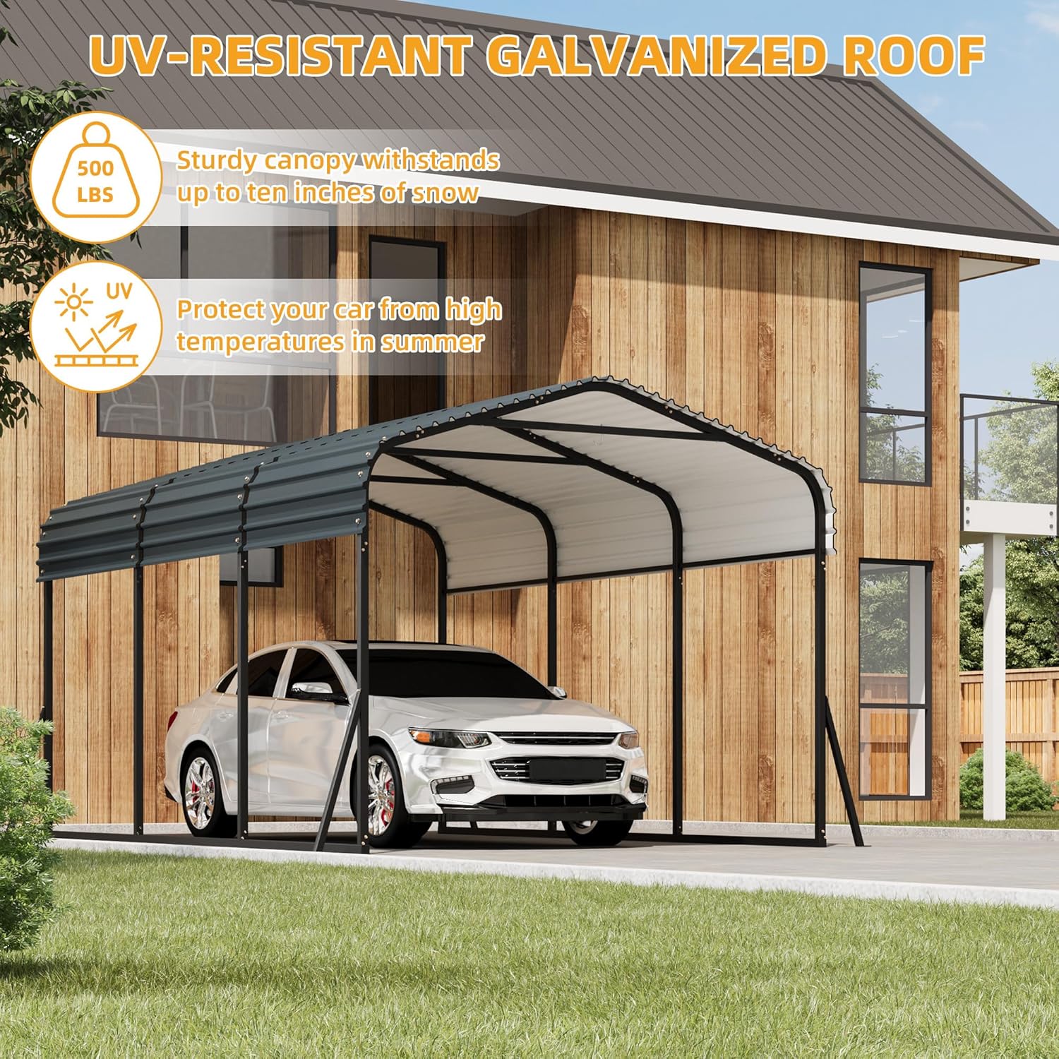 10' x 15' Heavy Duty Metal Carport with Galvanized Steel Roof, Metal Roof Carport with Enhanced Base, Tall Metal Carport Kits Garage for Tractors, Pickup, Boat, Car