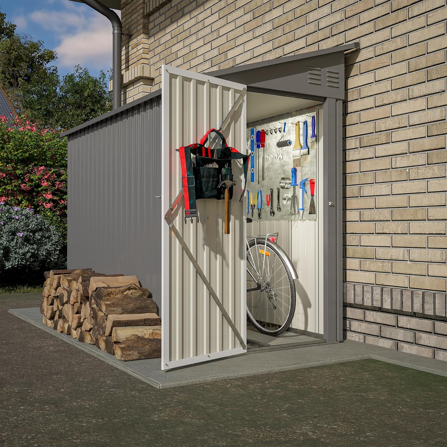 4x8 FT Outdoor Storage Shed,Lean to Metal Shed W/Floor Included,Garden Storage Shed W/Lockable Door,All Weather Waterproof Tool House W/ 2 Air Vents,for Backyard,Patio,Lawn,Garden,Gray