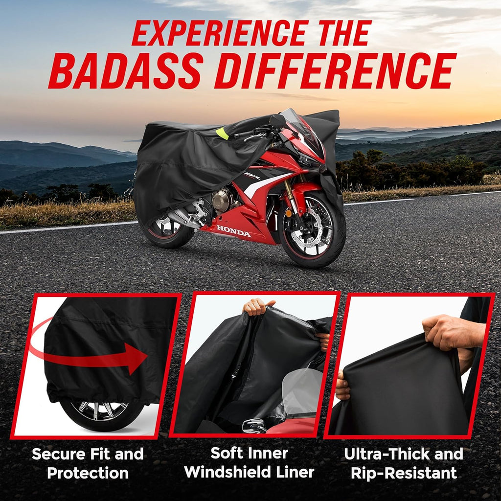 Badass Moto Ultimate Motorcycle Cover Waterproof Outdoor, Heavy Duty Motorcycle Cover for Harleys - Motorcycle Sun Cover, Fits Harley Davidson Motorcycle Covers, Street or Sportbike Cover - Small