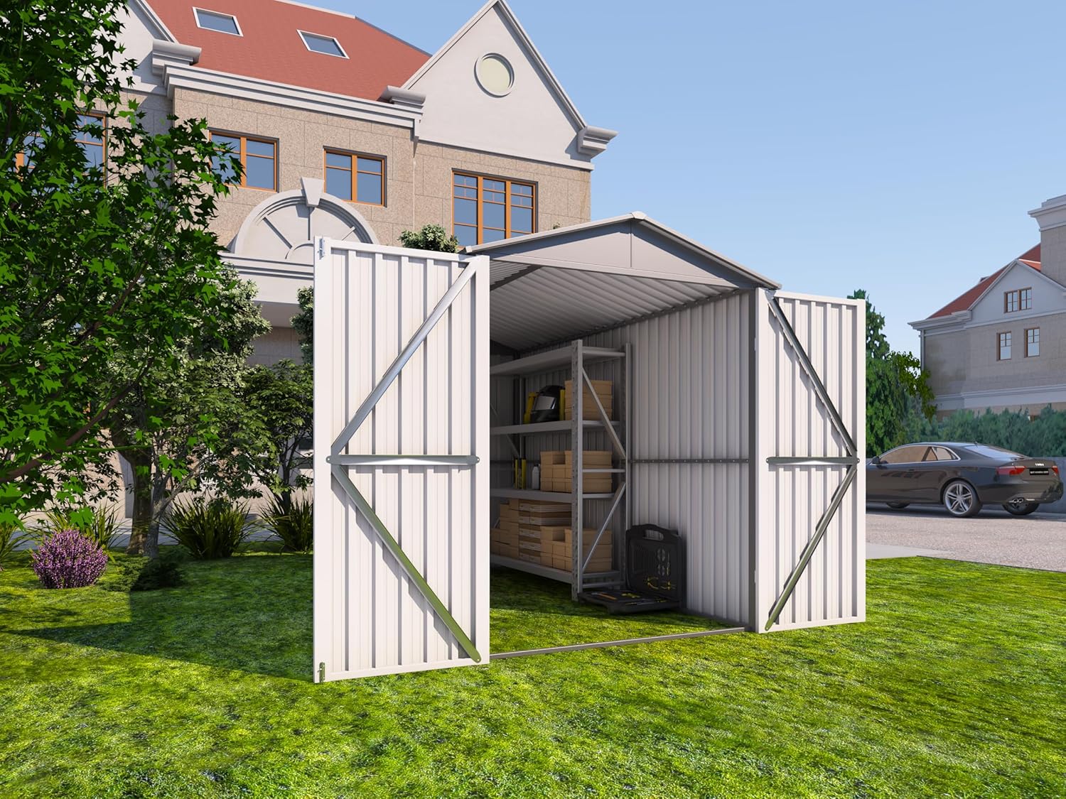 Motorcycle Steel Storage Shed with Window & Tracks,Outdoor Weather-Resistant Storage Box for Bikes, Tools, Sports Equipment,Easy Assembly, 121" W Gray+White