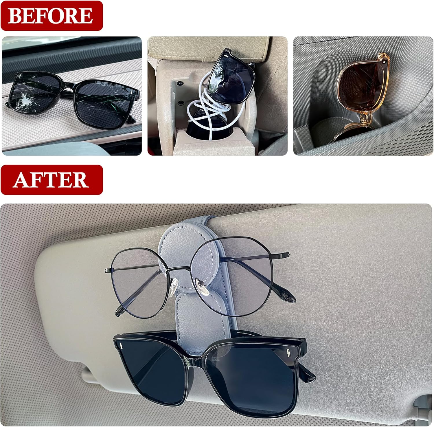 KIWEN 2 Pack Sunglasses Holder for Car Visor, Magnetic Leather Sunglass Eyeglass Hanger Clip for Car Sun Visor Accessories (2, Gray)