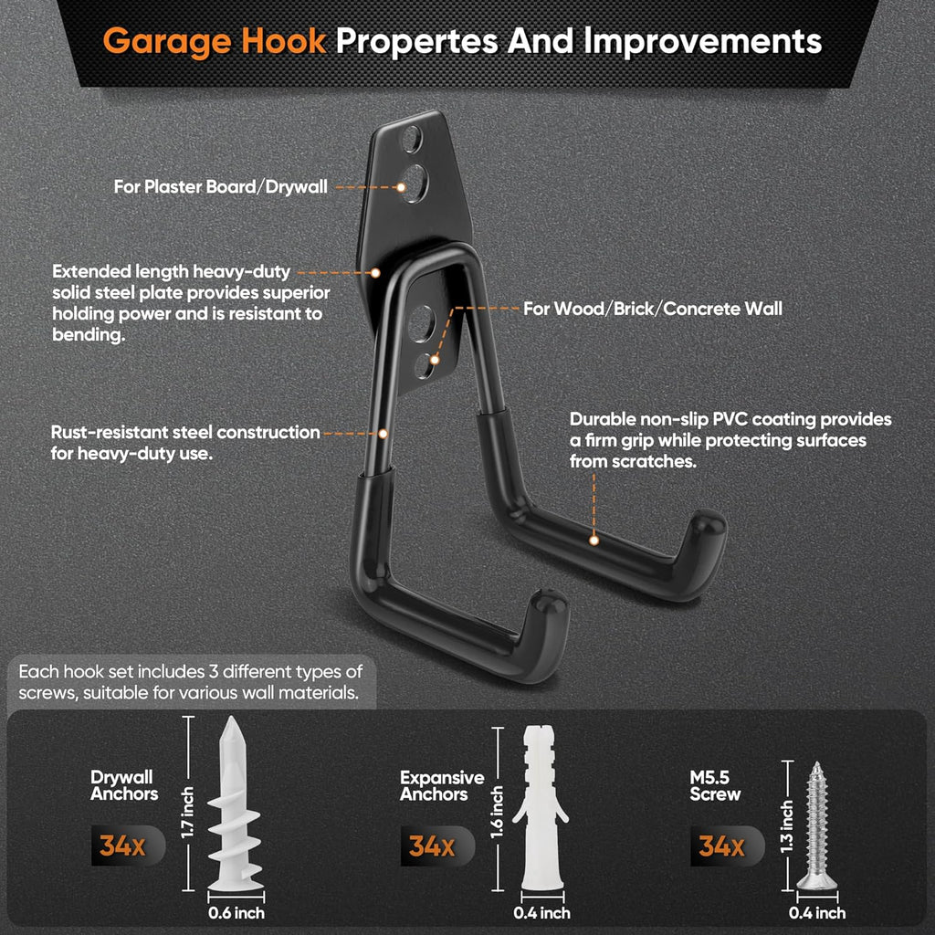 Nacial 18 Pack Garage Hooks Heavy Duty, Utility Steel Garage Storage Hook with 2 Storage Straps, Utility Garage Wall Mount Hooks for Hanging Bike, Ladder and Garden Tools, Perfect for Father Day Gifts