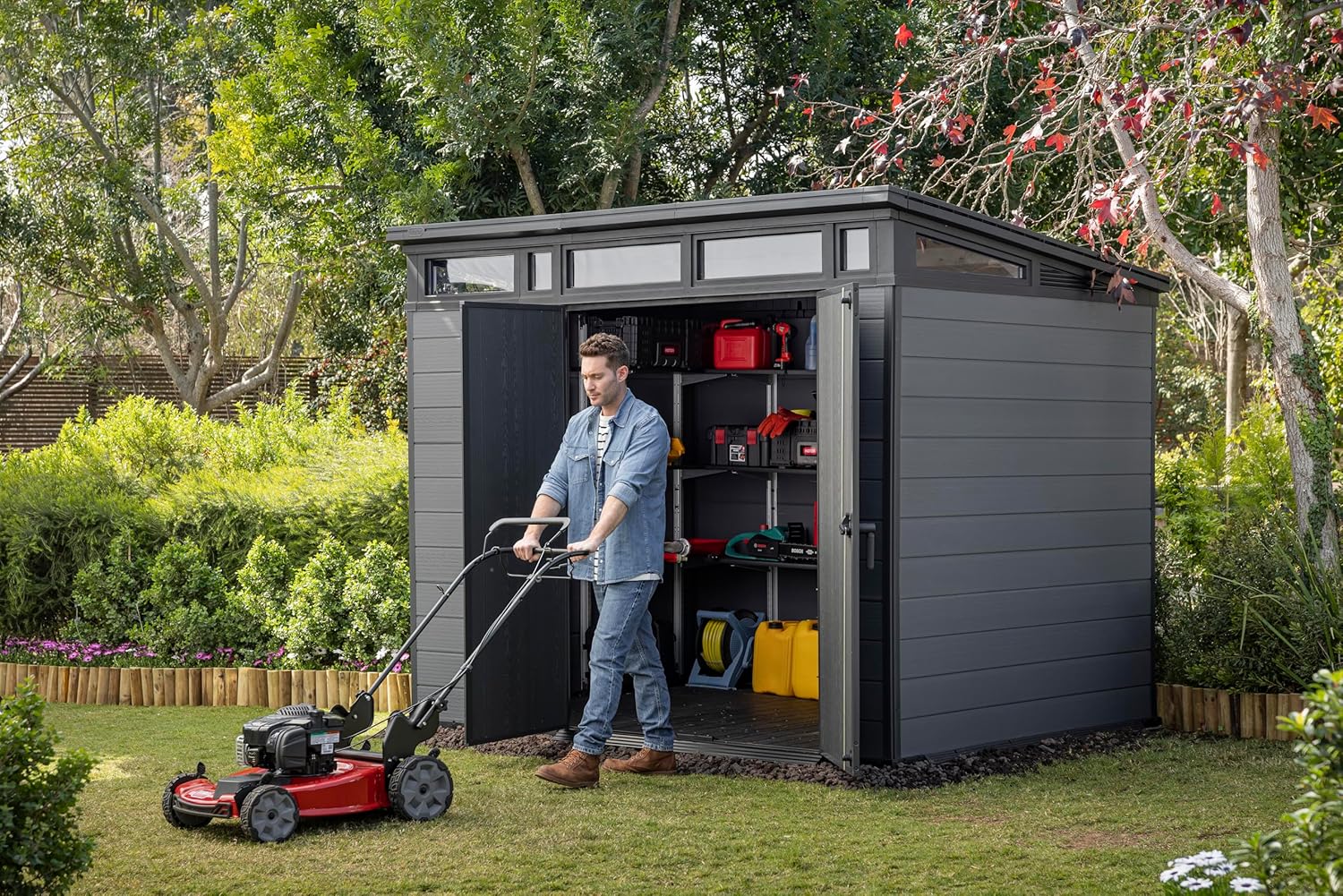 Keter Cortina 9x7 Ft All-Weather Storage Shed with Skylight, Window, Built-in Ventilation, Customizable Walls, & Lockable Double Doors, Graphite