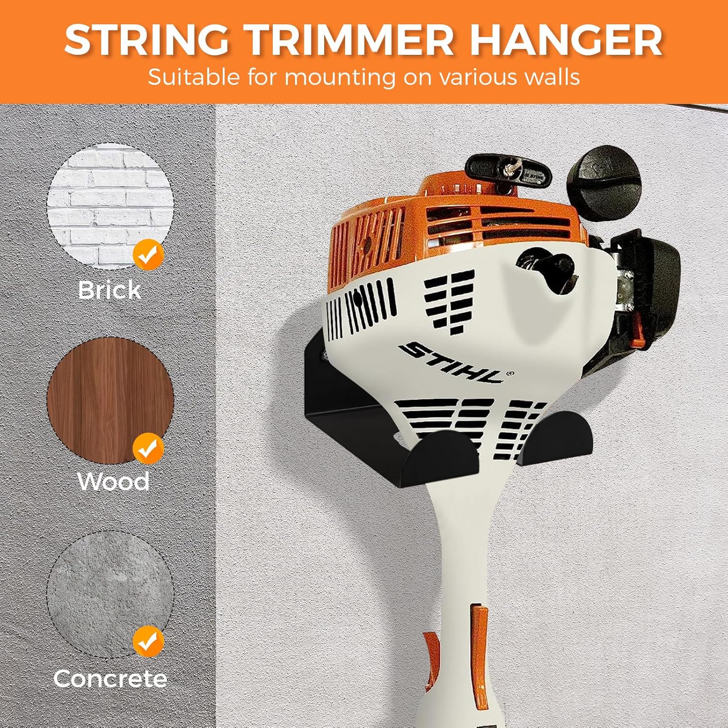 Weedeater Rack, 1 Pack Weed Eater Hanger, Weed Eater Rack for Wall, Heavy Duty Garden Tool Garage Organizer Trimmer Holder, Chainsaw Hanger Wall Mount(Orange)