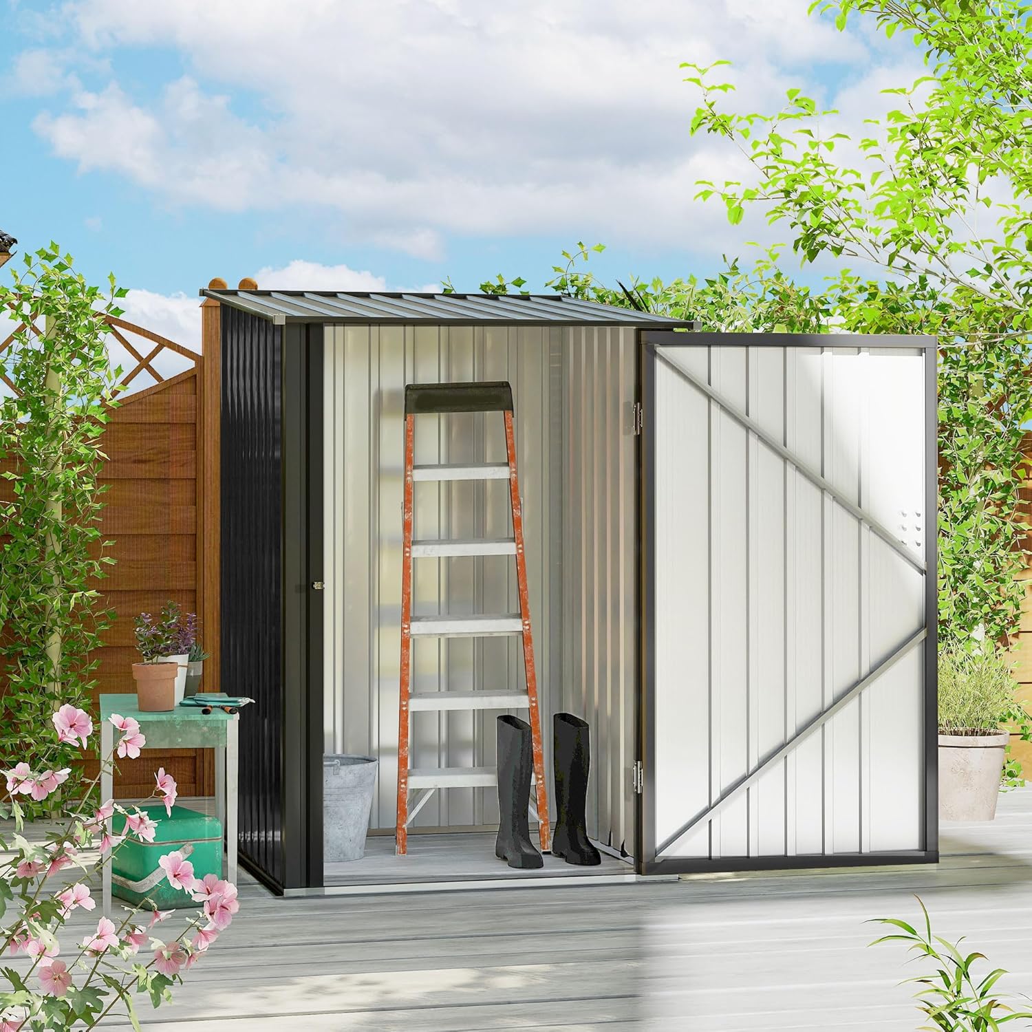 Outsunny 3.3' x 3.4' Outdoor Storage Shed, Metal Garden Tool House with Sloping Roof and Lockable Door for Backyard, Bike, Patio, Garage, Lawn, Gray