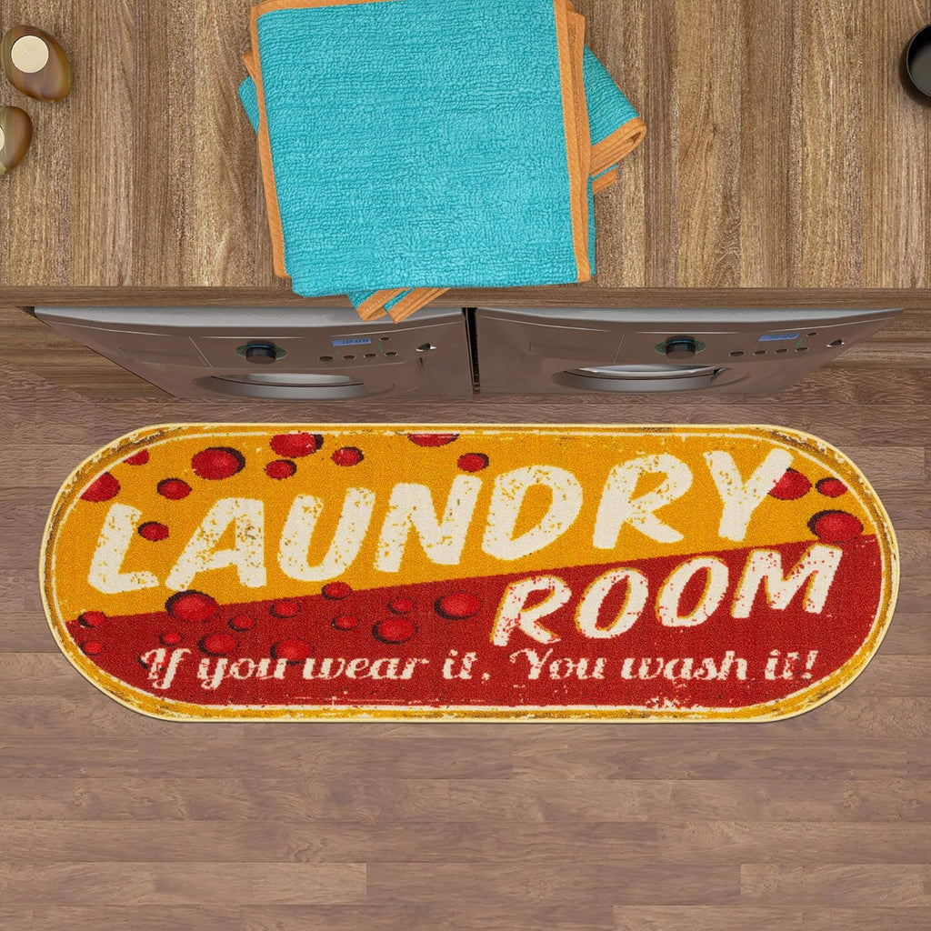 Ottomanson 20" x 59" Oval Laundry Room Rug - Non-Slip Mat for Laundry & Mudroom - Durable, Stain-Resistant, and Easy to Clean - Perfect for High-Traffic Areas - Runner Rug for Entryway, Yellow/Red