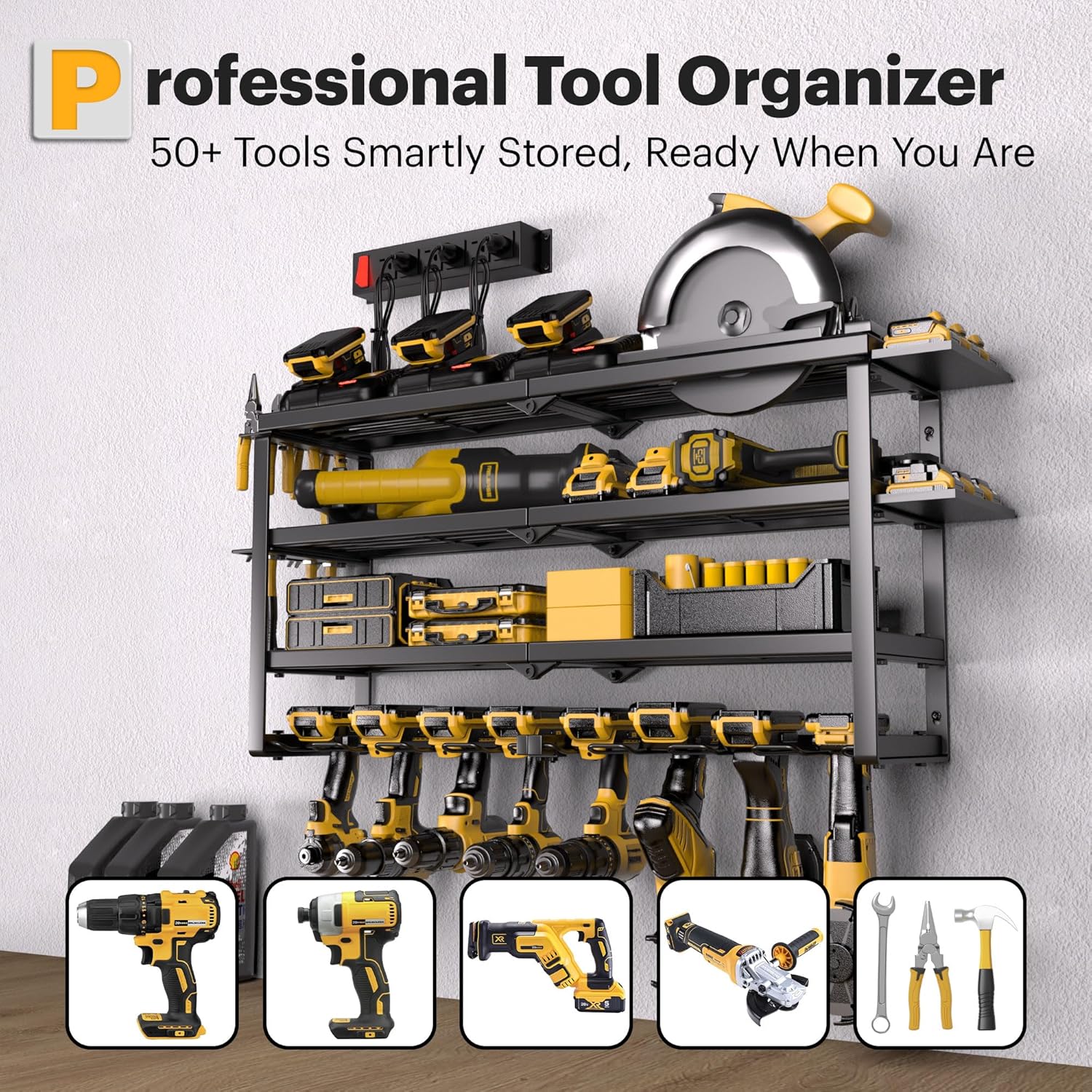 Power Tool Organizer Wall Mount with Charging Station, 4 Layer 8 Slots Cordless Drill Holder for Garage Storage, Utility Racks Max 420lbs Load With 6 Outlet Power Strip for Fathers Men Gift