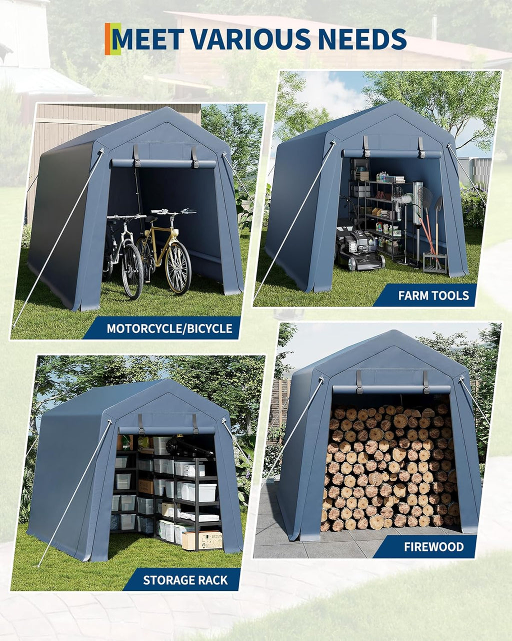 7*12F Outdoor Storage Shed with Floor, Heavy Duty Waterproof PE Tarp, Portable Metal Carport Garage Tent, 2 Roll-Up Doors & Vents, for Motorcycle and Bike Storage, Garden Tool Shed, Small Outdoor Shed