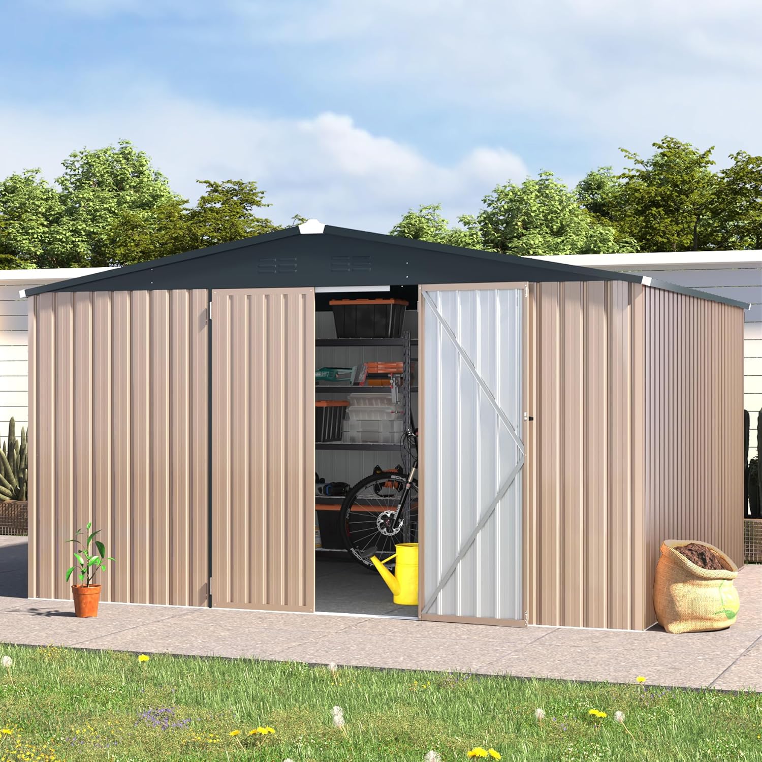 AECOJOY 12' x 10' Outdoor Storage Shed, Large 10x12 Metal Sheds & Outdoor Storage Clearance Steel Yard Shed with Lockable Doors, Utility and Tool Storage Garden Shed for Backyard, Patio, Outside use