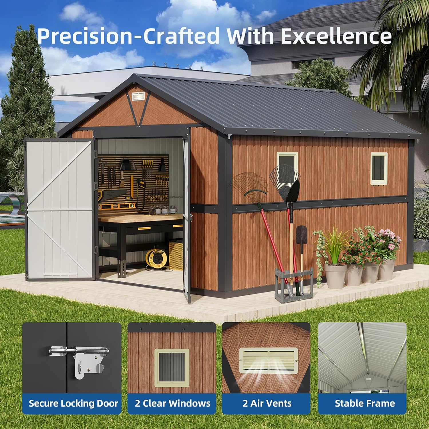 10x12FT Outdoor Storage Shed, Metal Garden Shed with Floor Base, Lockable Doors and Windows, Large Tool Shed for Backyard, Patio and Lawn