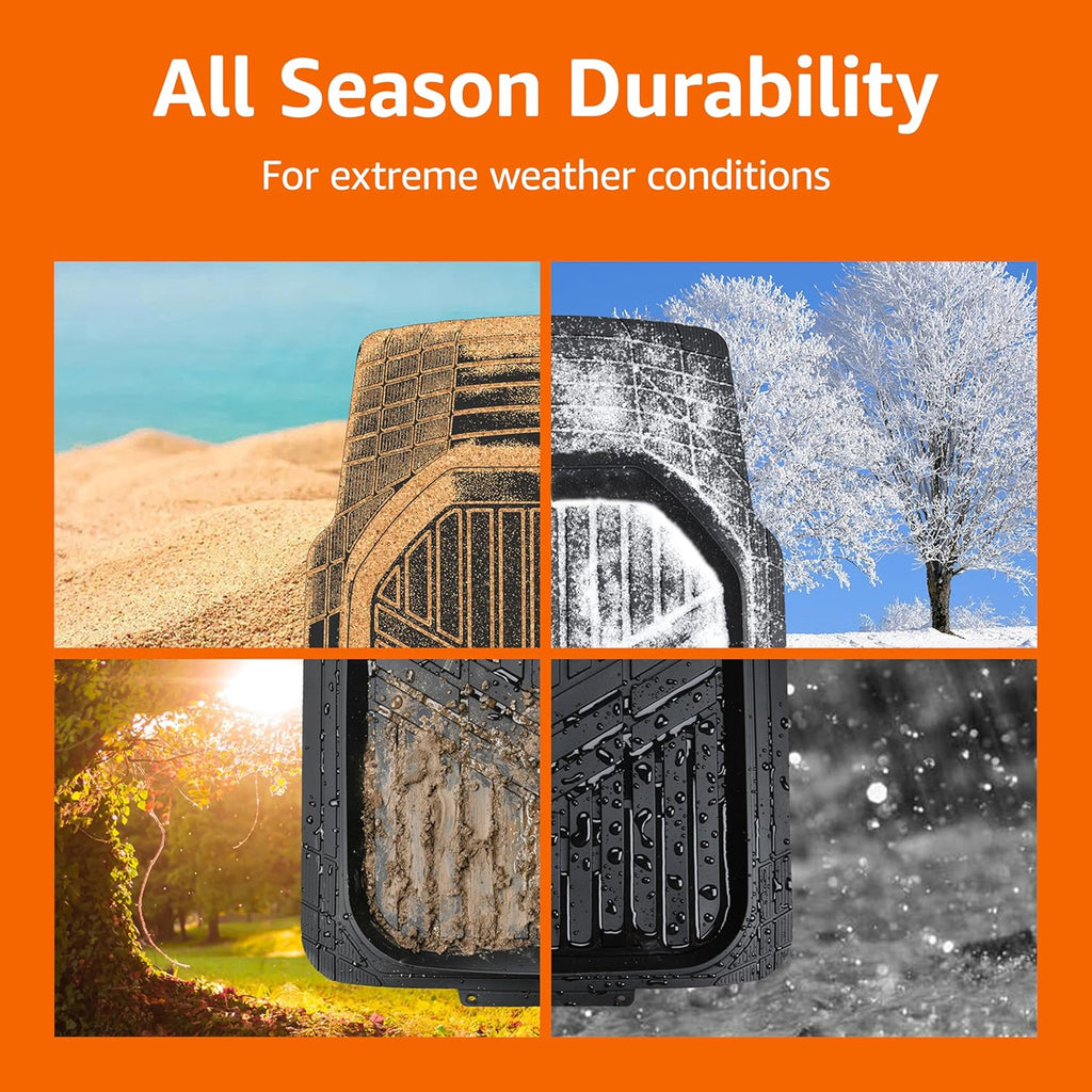 Amazon Basics 3-Piece All-Weather Heavy Duty, Full Set Rubber Floor Mats for Universal Fit in Cars, SUVs, and Trucks, Black, Trim to Customize