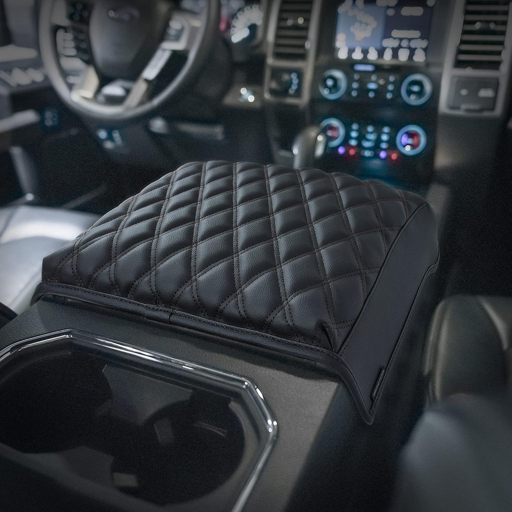 KMMOTORS F150 Center Console Cover, Thick Armrest Cushion, Interior Accessories, Funda para consola de coche, Vegan Leather, Armrest Protector (2015~2020, Full Cover), F150 Accessories