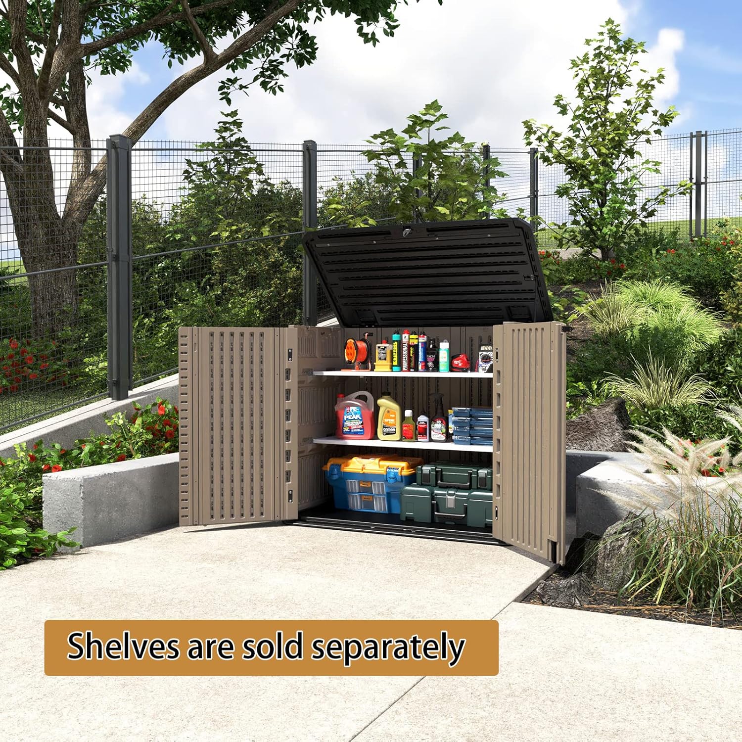 HOMSPARK Storage Shed Weather Resistance, Multi-Purpose Outdoor Storage Cabinet for Backyards and Patios, Horizontal Storage Shed for Lawnmower, Patio Accessories (Coffee, Large - 26 cu.ft)