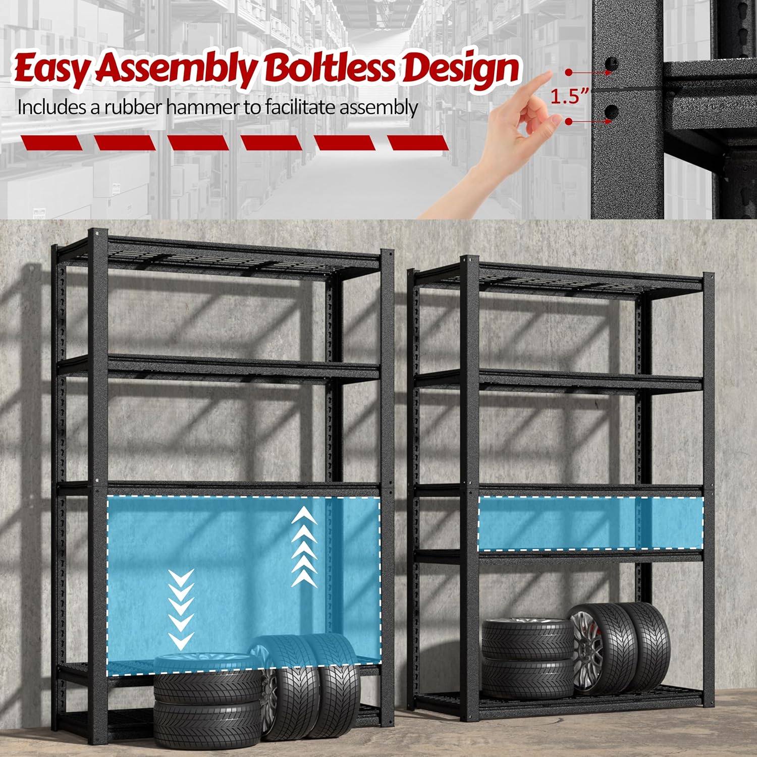 MUPATER 48" W x 20" D x 72" H Metal Storage Shelves, Garage Shelving Unit, Standing Utility Shelf Racks, 5 Tier Shelves and Adjustable Shelves for Garage Kitchen Warehouse
