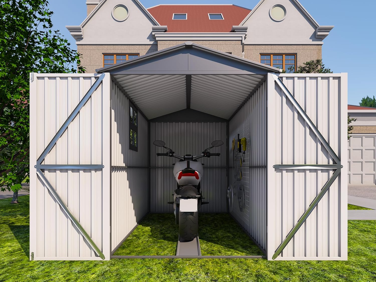 Motorcycle Steel Storage Shed with Window & Tracks,Outdoor Weather-Resistant Storage Box for Bikes, Tools, Sports Equipment,Easy Assembly, 121" W Gray+White