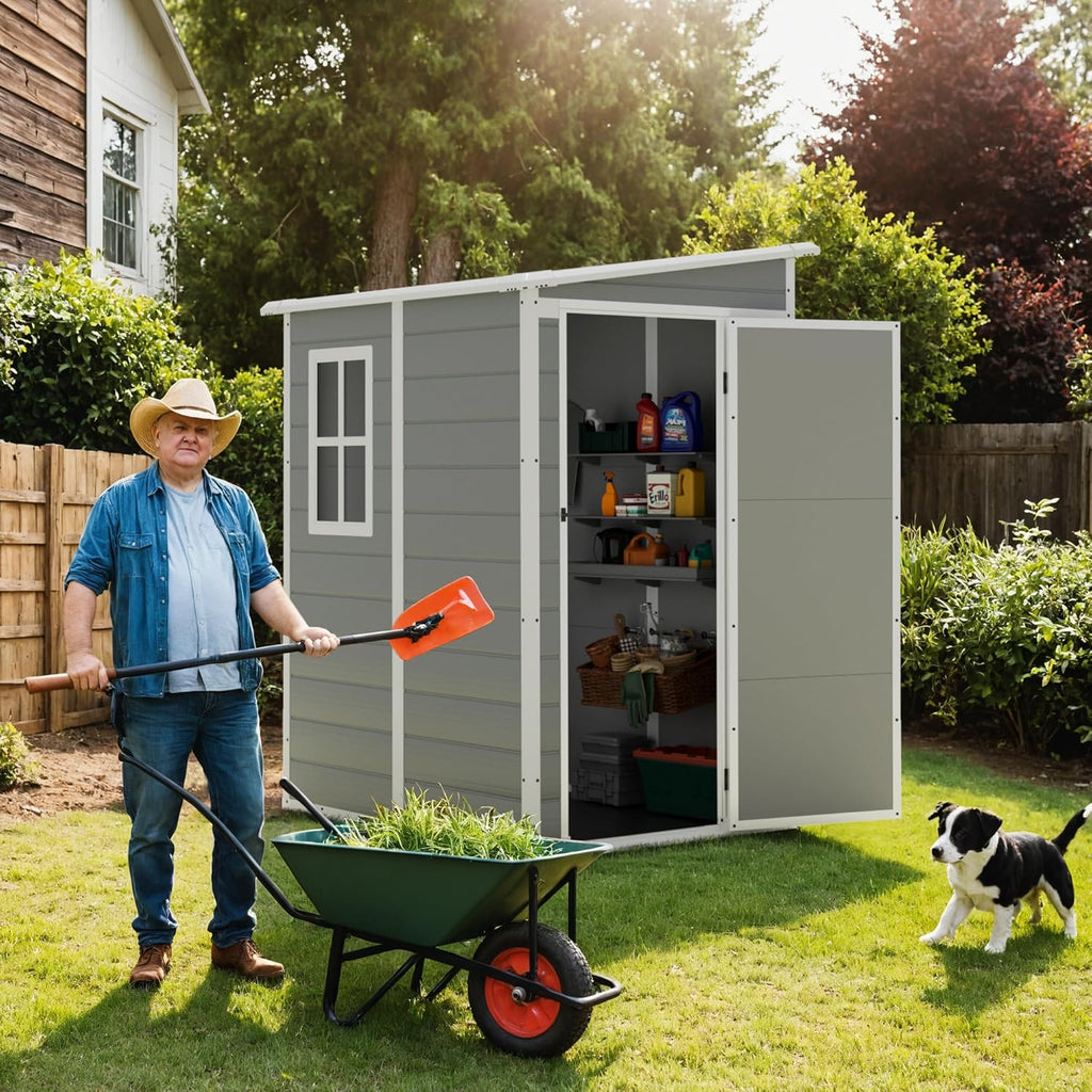 Greesum 5' x 4' Resin Weather Resistant Outdoor Storage Shed with Floor for Garden,Backyard,Pool Tool, Light Grey