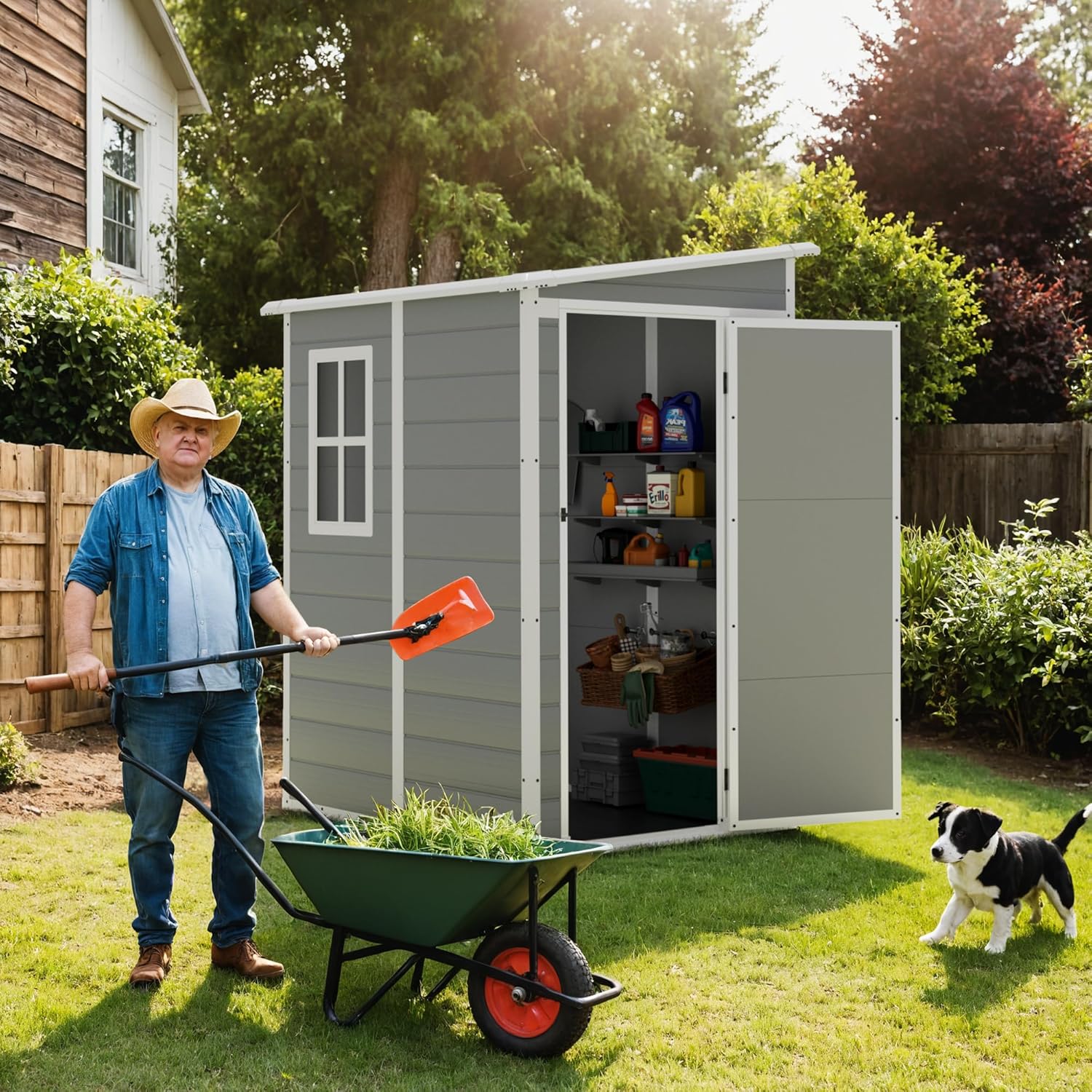 Greesum 5' x 4' Resin Weather Resistant Outdoor Storage Shed with Floor for Garden,Backyard,Pool Tool, Light Grey