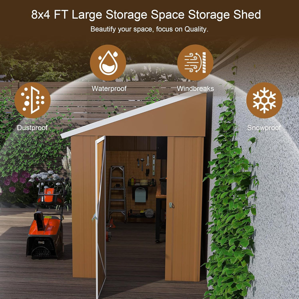 8 x 4 FT Outdoor Lean to Storage Shed, Metal Garden Tool Shed with Slooping Roof, Lockable Doors and Windows, All-Weather Weatherproof Blike shed for Garden, Patio, Lawn, Yellow