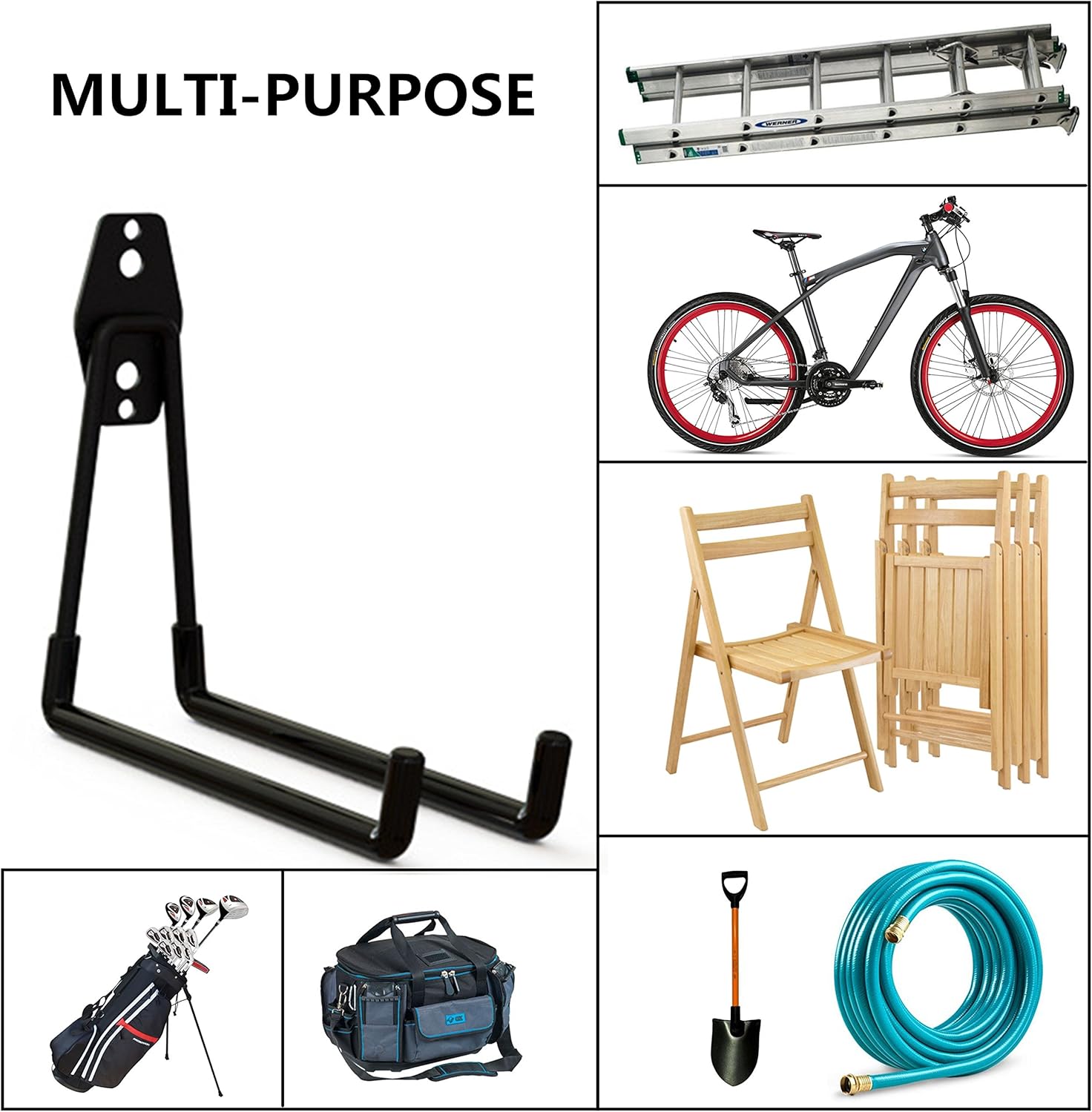 Wall Mount Heavy Duty Double Utility Tools Hooks with Anti-Slip Coating for Garage Storage Organizer Shovels Chair Hose, Pack of 4