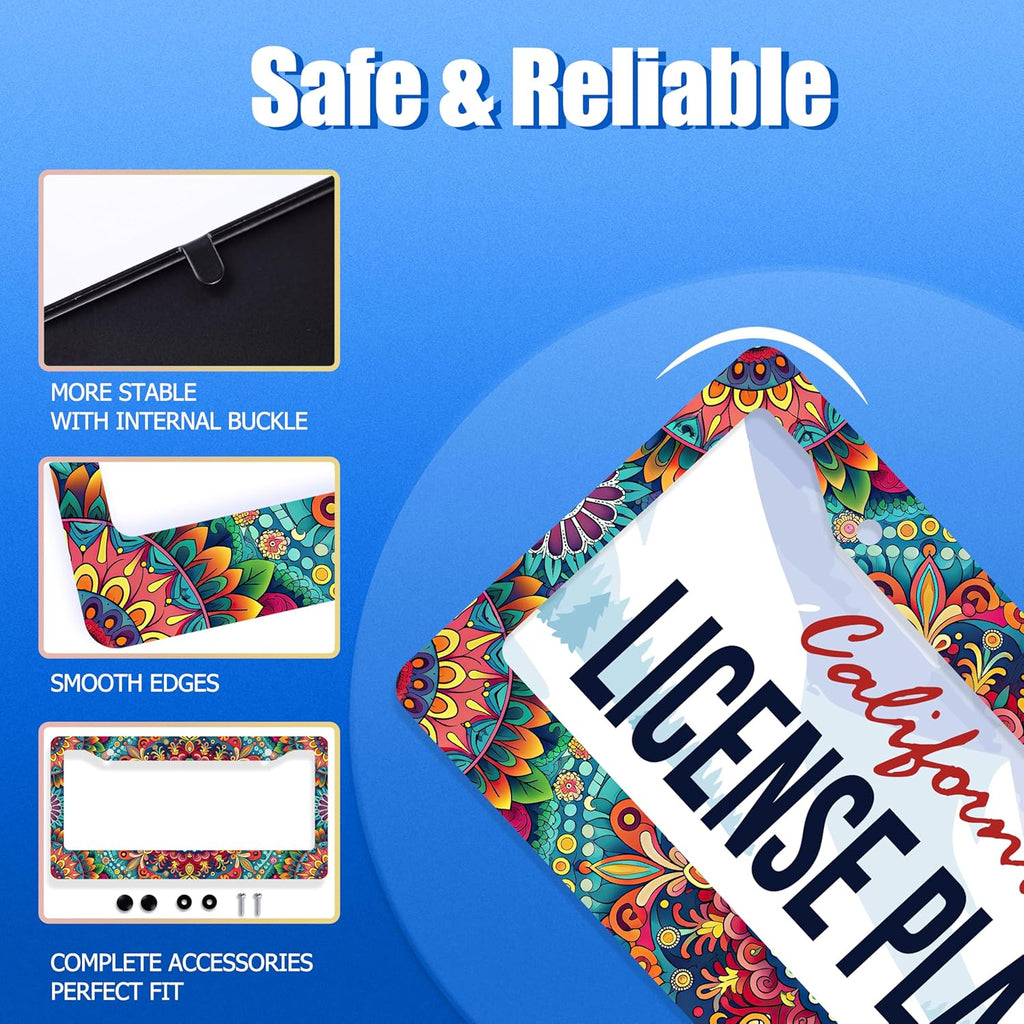 Boho License Plate Frame Beautiful Mandala Flowers License Plate Stainless Steel Funny License Plate Holder Hippie Car Accessories Decoration with 2 Screws Fits Standard Vehicles Size 12.3" x 6.3"