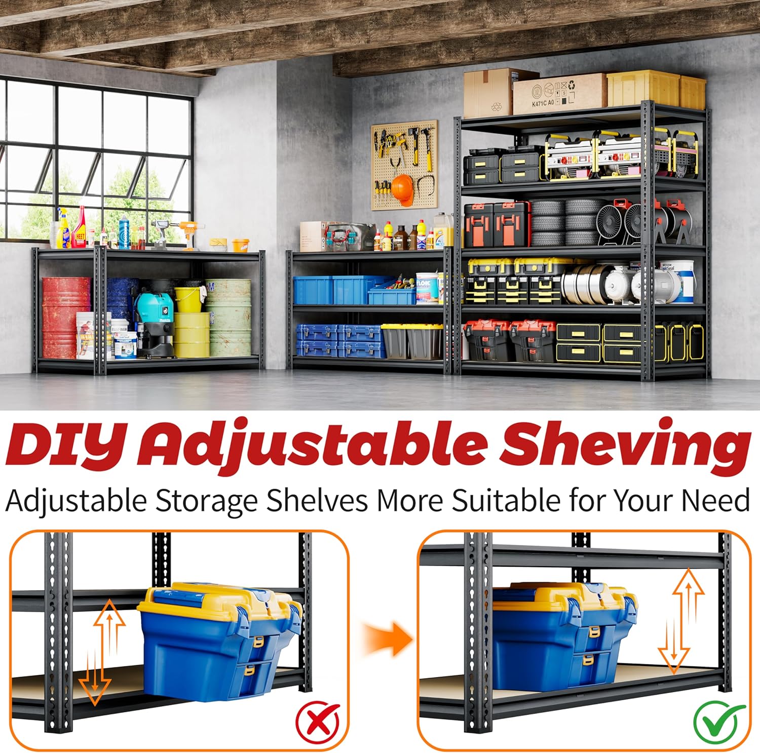 72"H Storage Shelves heavy duty, 2000LBS Garage Shelving, 5 Tier Metal Shelving Unit Adjustable Garage Shelves Rack Shelf for Storage Warehouse Pantry Closet,35.6" W × 16" D × 72" H, Black, 2PCS
