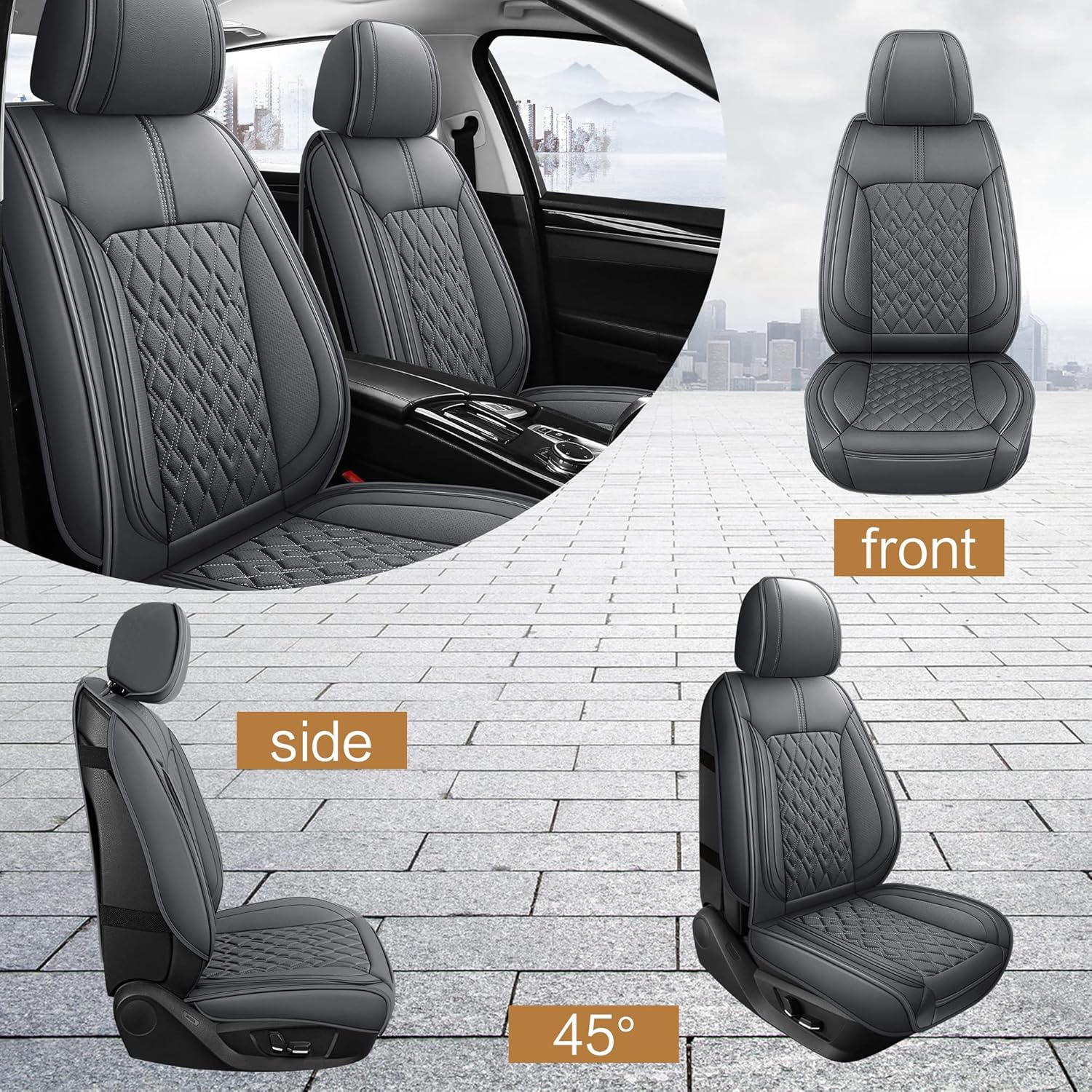 Pariitadin Leather Car Seat Covers Front Pair, Waterproof Breathable Faux Leather Automotive Seat Covers for Cars, Non-Slip Car Interior Covers Universal Fit Most Cars Sedans Trucks SUVs, Gray