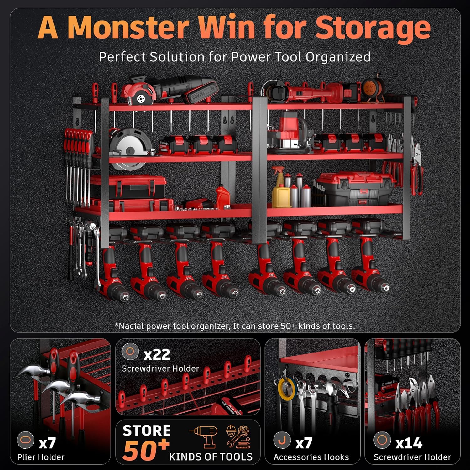 Power Tool Organizer Wall Mount, 4 Layer Drill Holder Wall Mount, Heavy Duty Tool Rack, Garage Tool Organizers and Utility Storage Rack for Drill Holder Charging Station, Perfect for Father's Day Gift