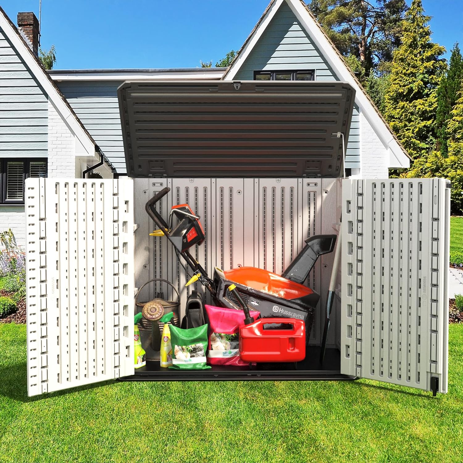 ADDOK Horizontal Storage Shed Outdoor with Floor, 27 Cu Ft Capacity Plastic Storage Shed with Lockable Double Doors, All-Weather Condition Use for Patio, Backyard, Lawn and Garden, White