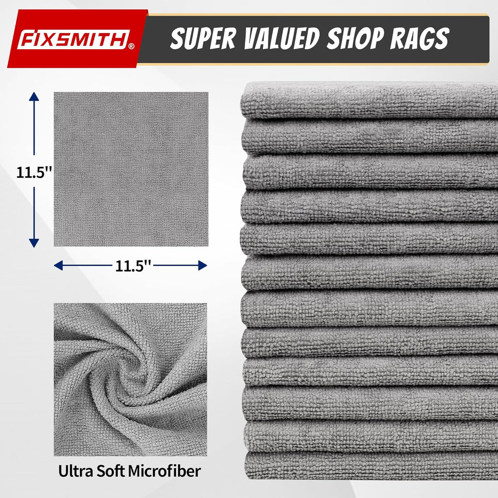 FIXSMITH Shop Towels, Pack of 50, Grey Microfiber Cleaning Cloth Bulk, Microfiber Towels for Cars, All-Purpose Absorbent Cleaning Rags, Dust Cloth for Automotive, Mechanic, Garage, 11.5 x 11.5 inch