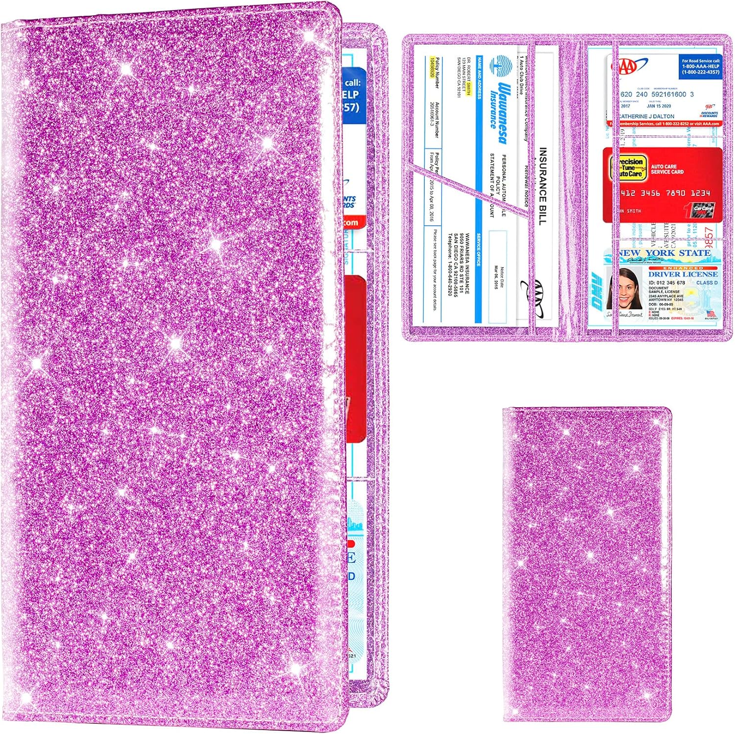 TOURSUIT Car Registration and Insurance Card Holder, Vehicle License Document Glove Box Compartment Organizer, Interior Car Accessories for Women Men Teens (Glitter Purple)