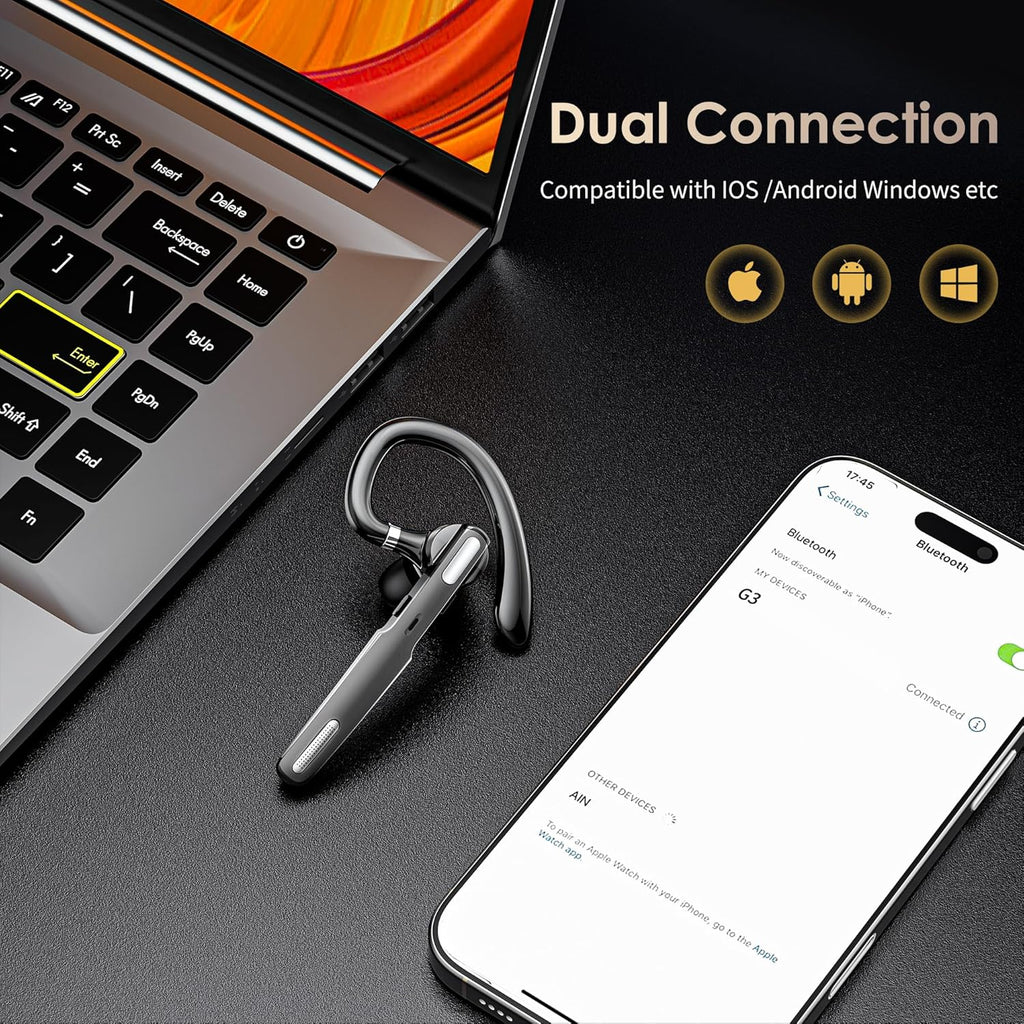 Bluetooth Headset, Wireless Bluetooth Earpiece V5.0 Hands-Free Earphones with Built-in Mic for Driving/Business/Office, Compatible with iPhone and Android (Gray)