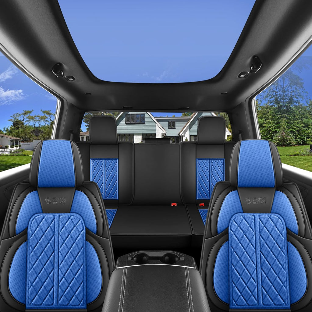 Car Seat Cover Custom Fit for Dodge Ram 1500 2500 3500 2002-2024 Faux Leather Seat Cover Set Compatible with Crew Quad Regular Cab Pickup Truck Cushions (Black & Blue, Front Seat)