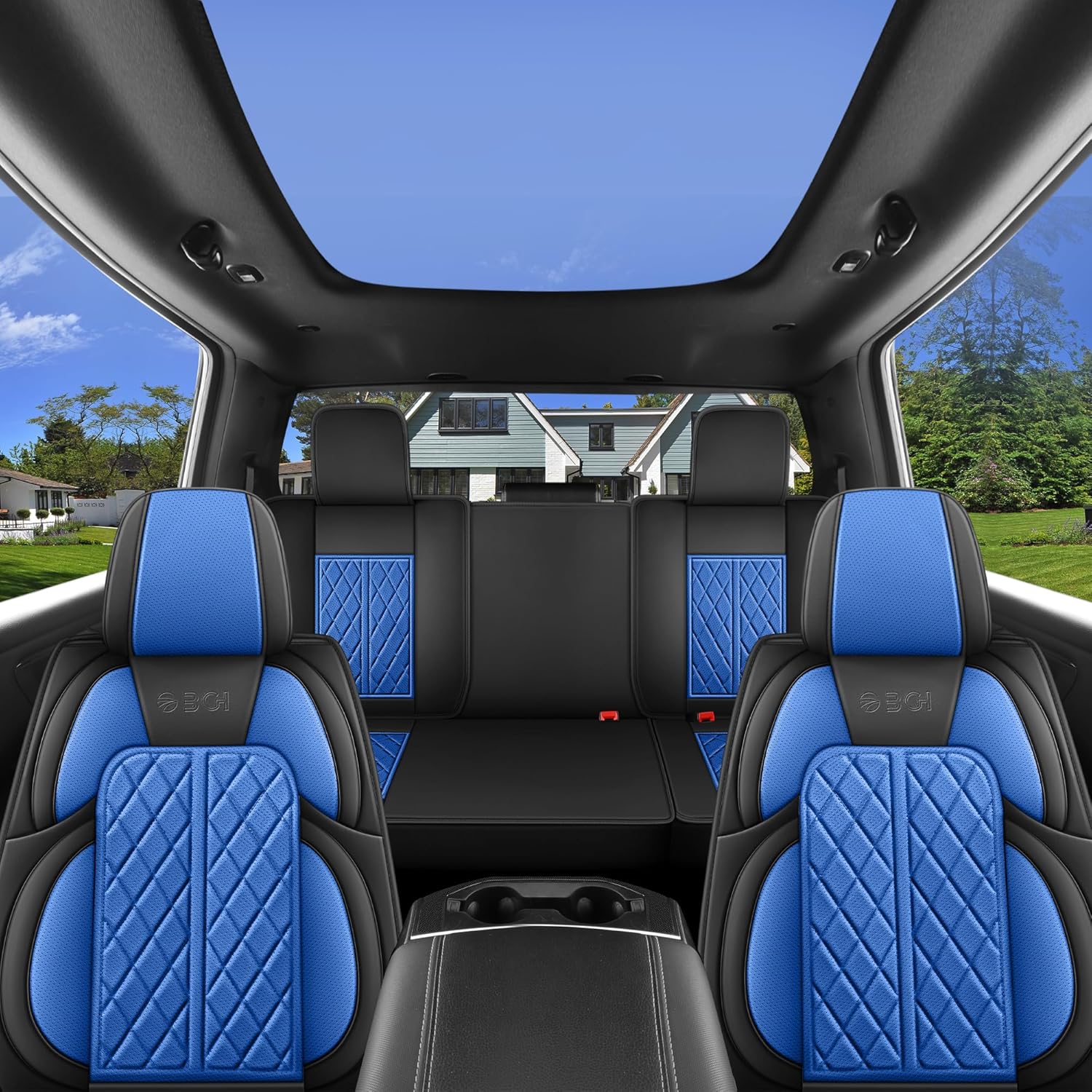 Car Seat Cover Custom Fit for Dodge Ram 1500 2500 3500 2002-2024 Faux Leather Seat Cover Set Compatible with Crew Quad Regular Cab Pickup Truck Cushions (Black & Blue, Front Seat)