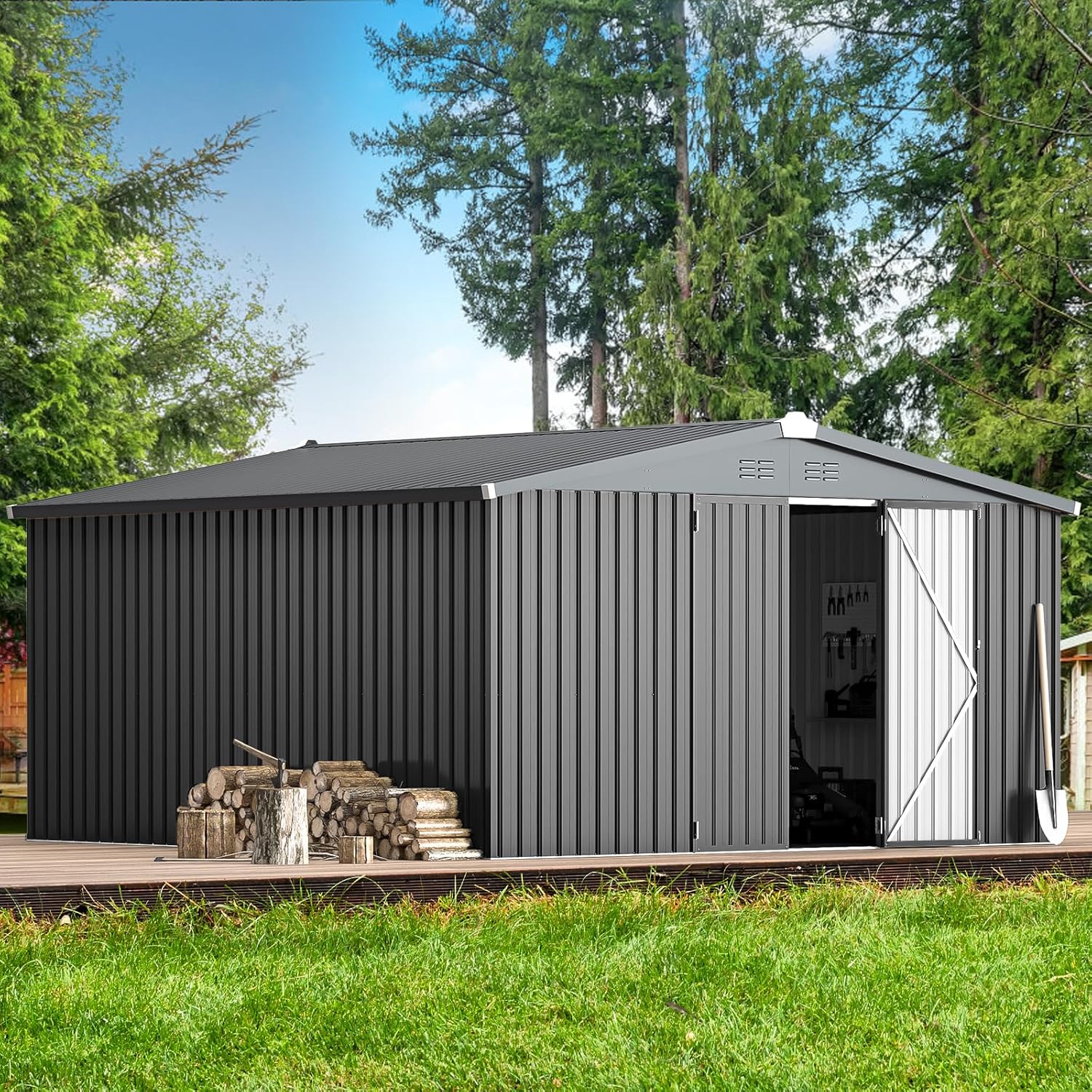 AECOJOY 12' x 12' Outdoor Storage Shed, Dark Grey Large Metal Sheds & Outdoor Storage Clearance Steel Yard Shed with Lockable Doors, Utility and Tool Storage Garden Shed for Backyard