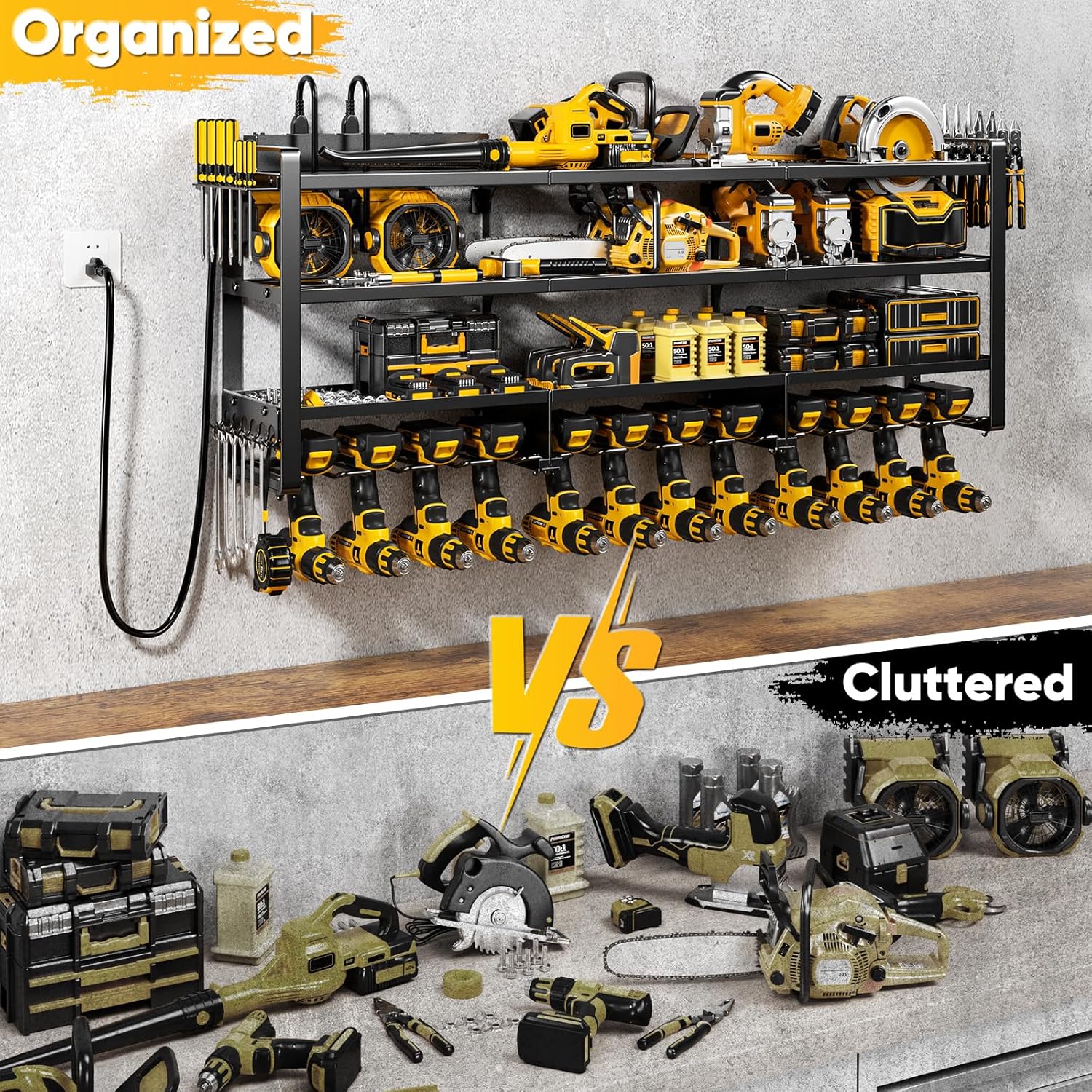 49.5" W Large Power Tool Organizer Wall Mount with Charging Station, 4-Tier Heavy Duty12 Cordless Drills Holder Load 600 lb, Tool Battery Storage Rack Built in 8 Outlet Power Strip for Garage