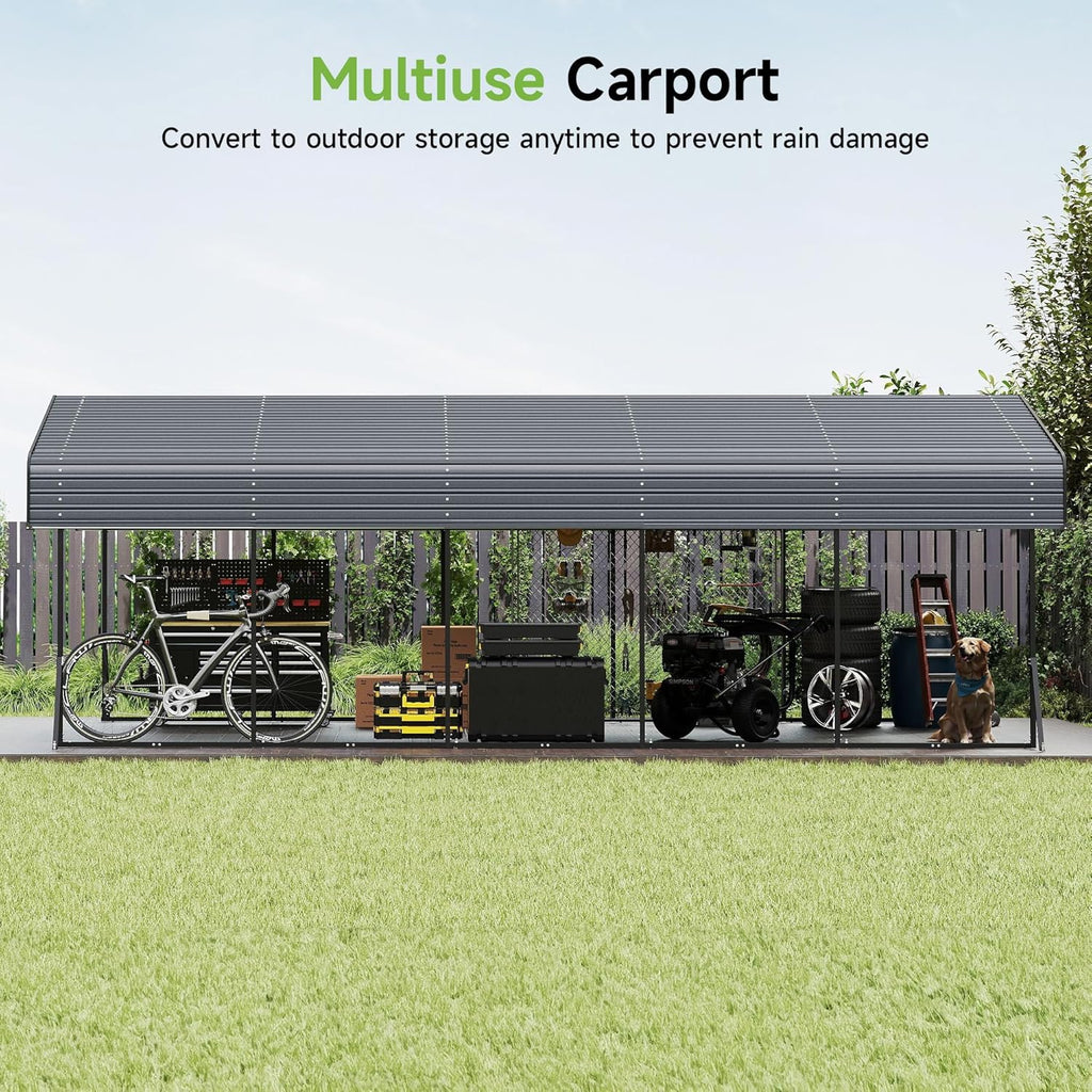 Real Relax 13' x 26' Heavy Duty Metal Carport, Outdoor Garage Car Shelter Shade with Removable Sidewalls, Extra Long Heavier Metal Frame for SUV Trucks and Boats, Gray