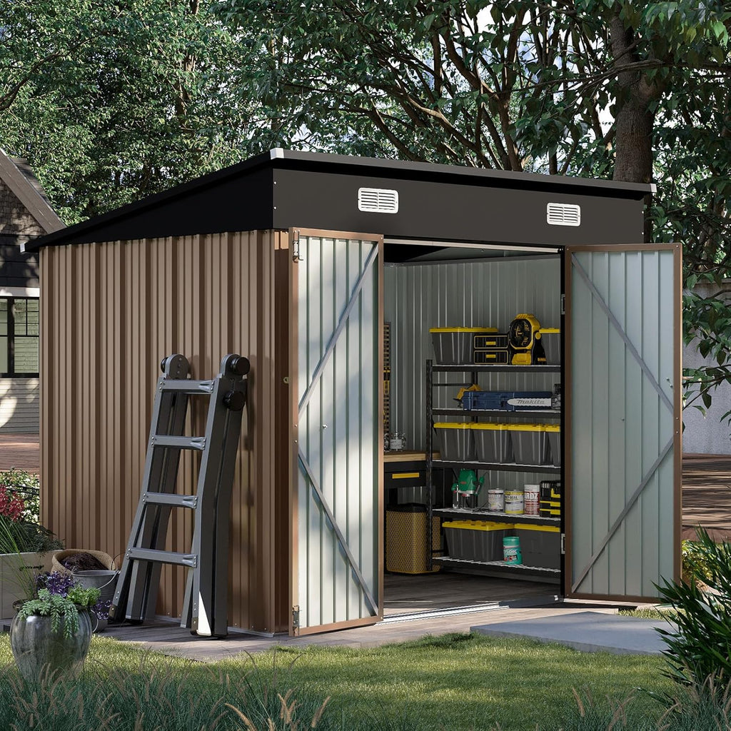 Aoxun 7.5x6 FT Outdoor Shed Metal Storage Shed with Single Slooping Roof Lockable Door Steel Utility Tool Shed Outdoor Waterproof Shed Garden Shed for Backyard Garden Patio Lawn, Brown