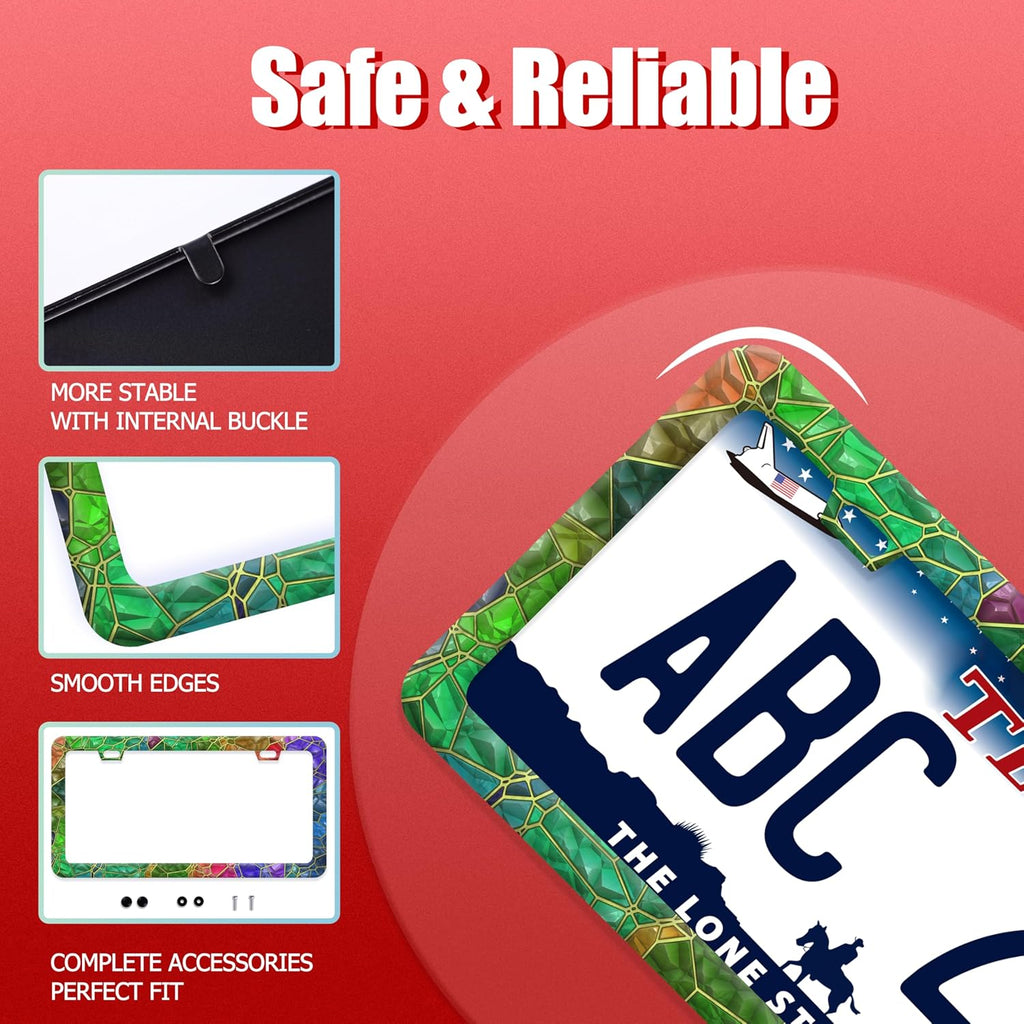 Colored Gemstone Patterns License Plate Frame Funny License Plate Frames Stainless Steel Accessories Cars Decor with 2 Holes and Screws Fits Standard Us Ca Vehicles License Plate Holder 12.2 X 6 Inch