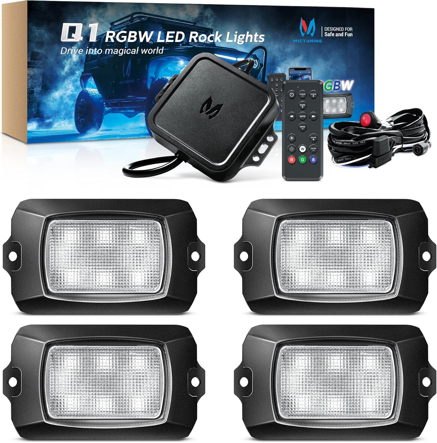 MICTUNING Q1 RGBW Rock Lights, 4 Pods Pure Color Underglow Neon Multicolor Lighting with Wiring Switch Kit, Bluetooth Controller, Remote Control, Music Mode for Trucks Car ATV UTV Golf Cart