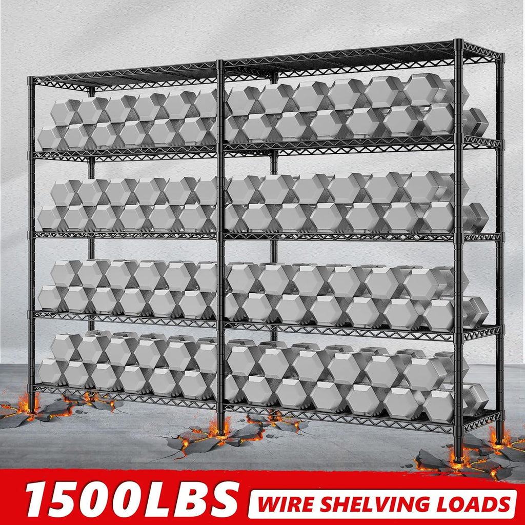REIBII 1500LBS Storage Shelves Metal Shelving Unit 61.7''W Wire Shelving, 5 Tier Pantry Shelves Kitchen Shelves Adjustable Wire Shelf for Commercial Garage Shelving Heavy Duty, 61.7" W*72.4" H*15.8" D