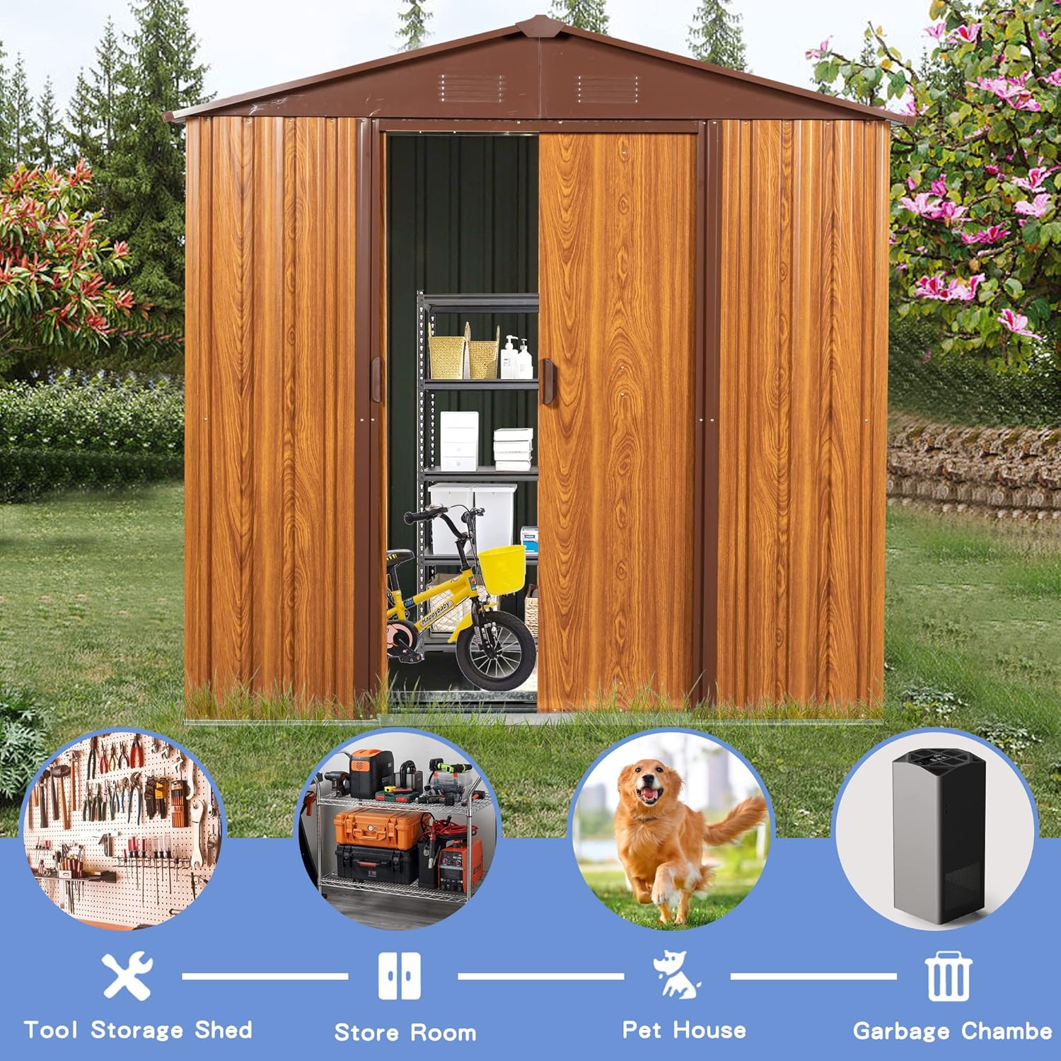 6x6 FT Outdoor Storage Shed, Metal Garden Shed with Frame Floor, Outside Tool Shed with Lockable Sliding Doors, Waterproof Storage Building with Sloped Roof for Backyard, Patio, Lawn, Coffee