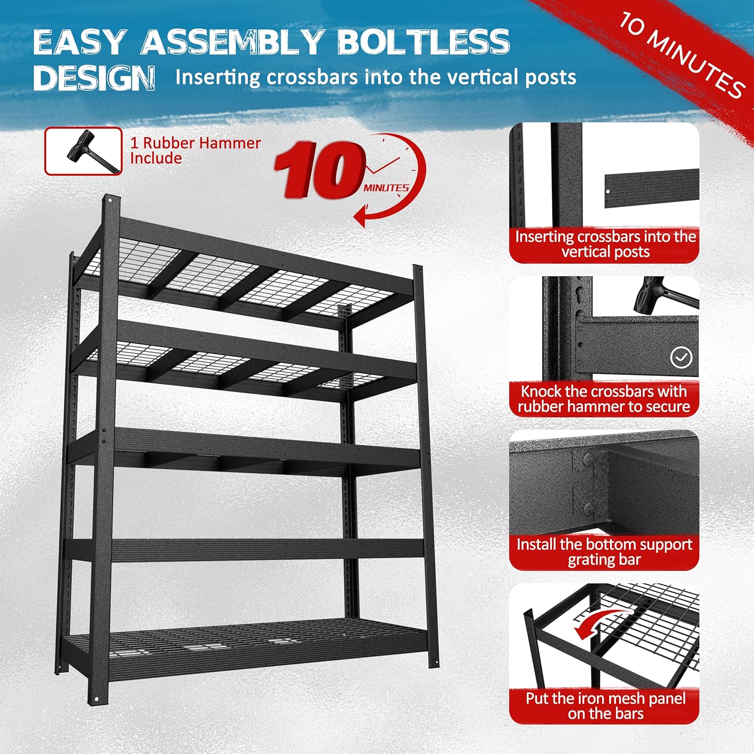 MUPATER 59.84”W × 24.02”D × 71.65”H Heavy Duty Metal Storage Shelves, 3000 LBS Utility Shelf Racks with 5-Tier Adjustable Shelves, Garage Shelving Unit for Warehouse, Garage, Kitchen