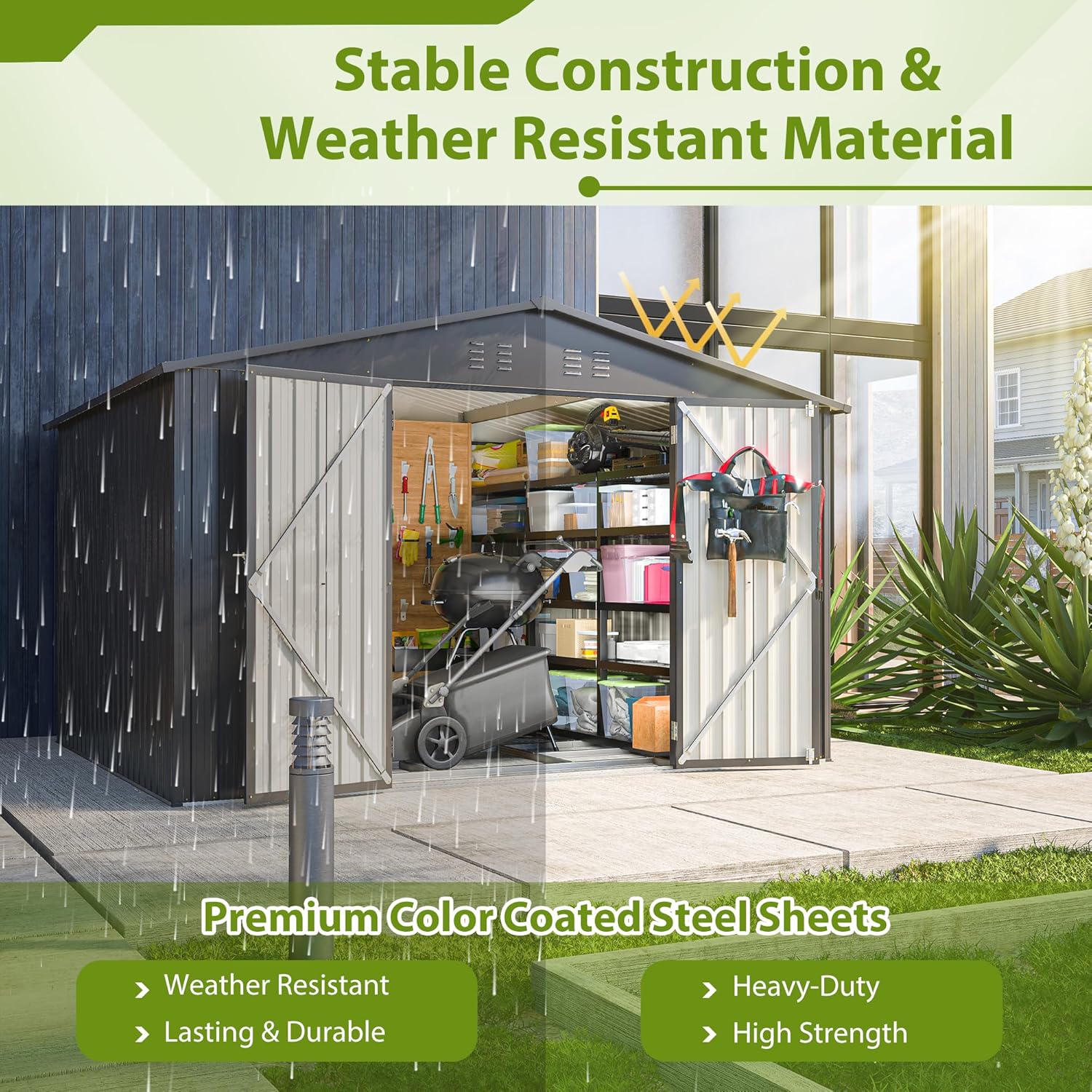10X8 FT Outdoor Tool Storage Shed with Metal Foundation & Lockable Doors, All Weather Metal Sheds for Garden, Patio, Backyard, Lawn