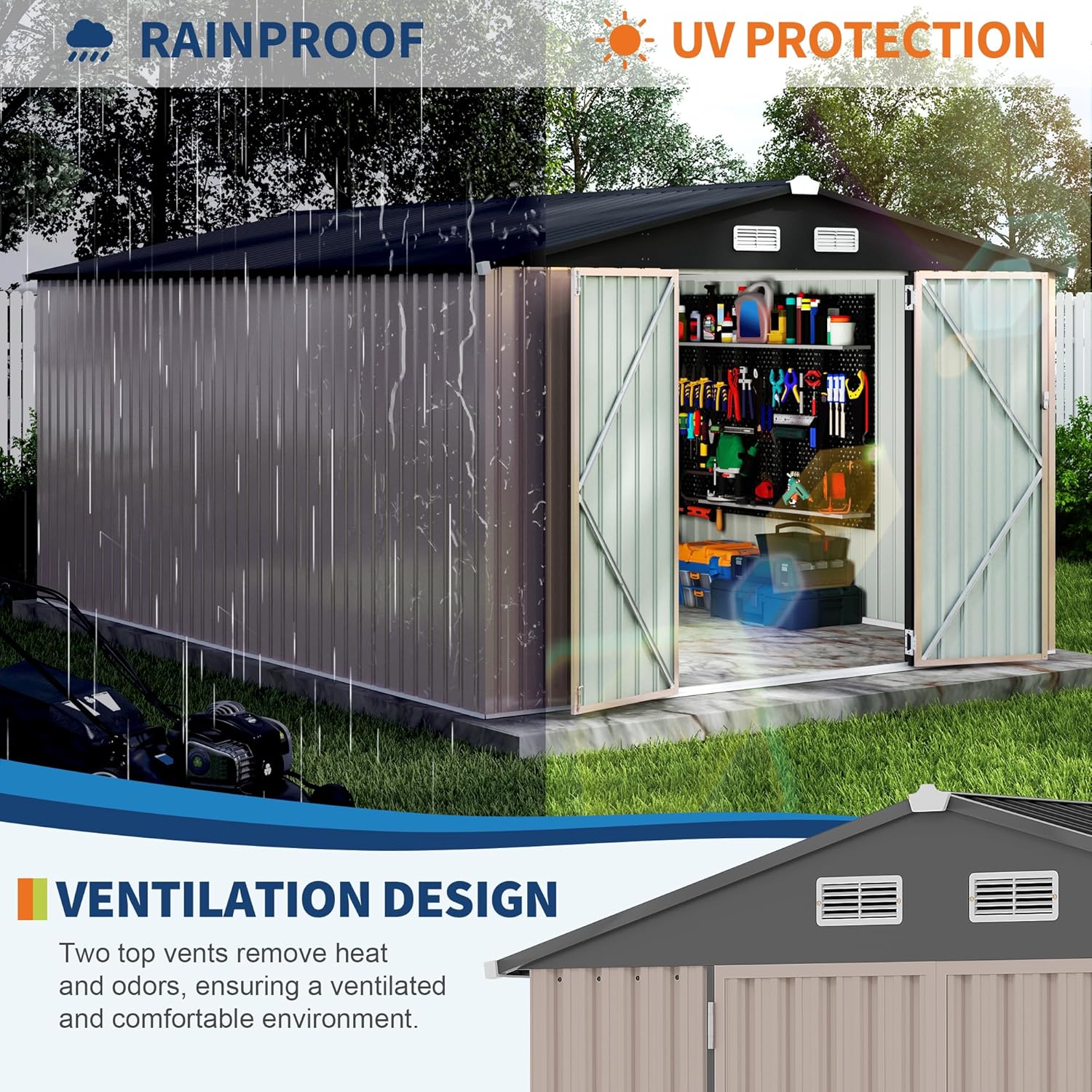 10x14x6.4 FT Outdoor Storage Sheds, Metal Garden Tool Shed for Backyard, Large Metal Sheds Outdoor Storage With Lockable Doors & Air Vents for Backyard Garden Patio Lawn