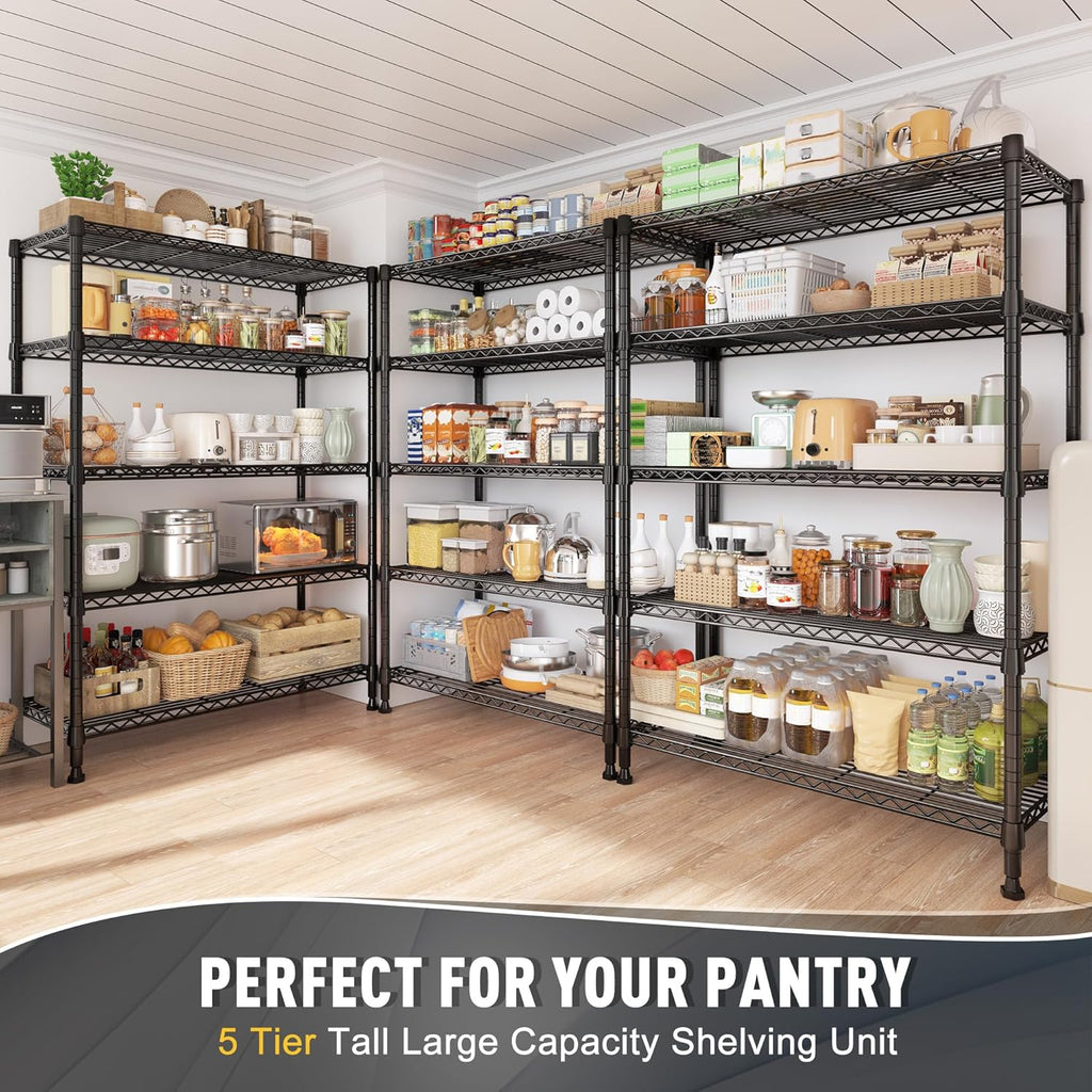 REIBII Storage Shelves, 5-Tire Wire Shelving Load 1000LBS Metal Shelves for Storage Adjustable Garage Shelving Unit Wire Shelf Rack Kitchen Storage Rack Pantry Shelves 31.5''W x 15.7'' D x 71''H