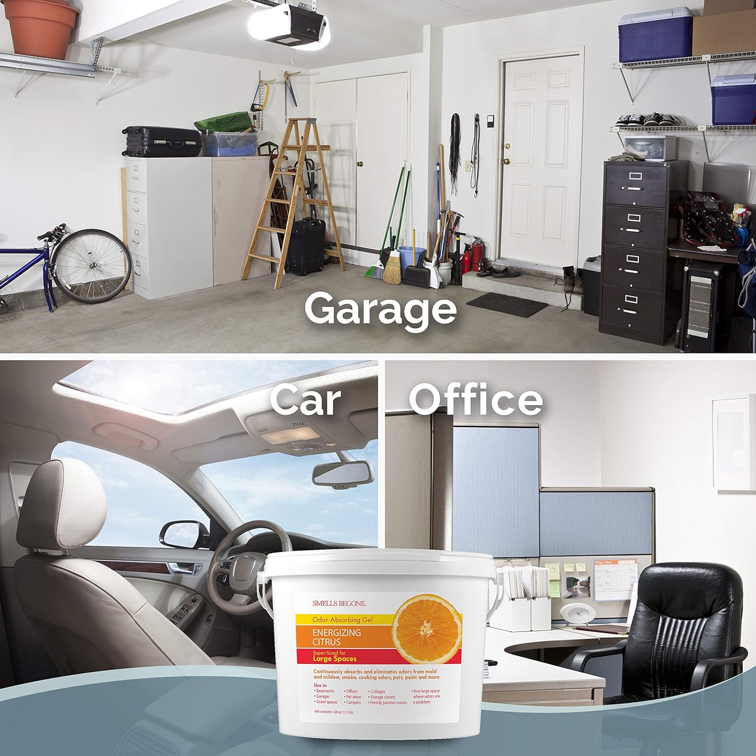 SMELLS BEGONE 1-Gallon Odor Absorber Gel - Air Freshener & Odor Eliminator for Homes, Garages & Commercial Buildings - Industrial Size - Energizing Citrus Scent