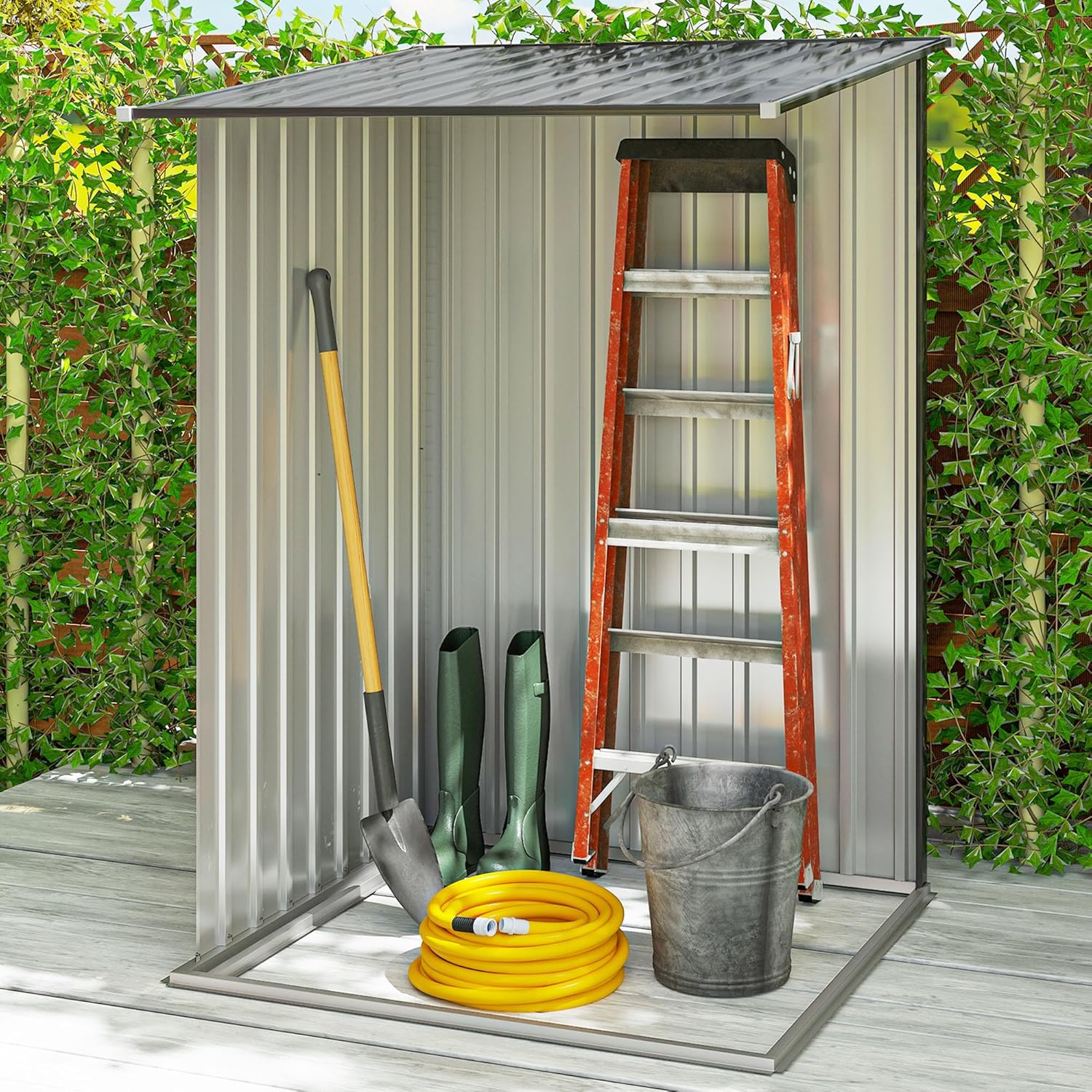Outsunny 3.3' x 3.4' Outdoor Storage Shed, Metal Garden Tool House with Sloping Roof and Lockable Door for Backyard, Bike, Patio, Garage, Lawn, Gray
