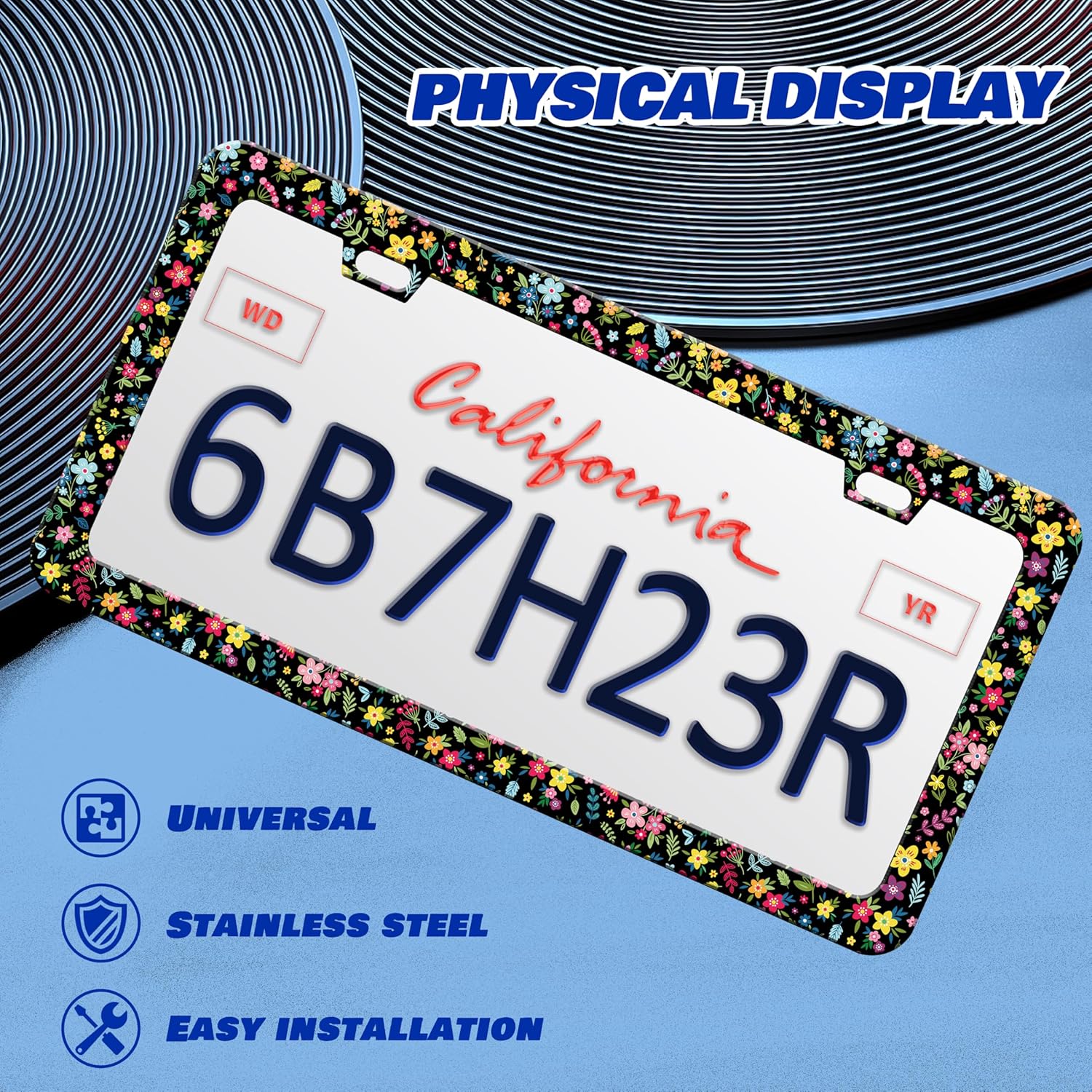 Colorful Folk Floral License Plate Frame Flower License Plate Holder Personalise Stainless Steel Funny Design Compatible with Standard License Plate Frames for USA and Canada 6 X 12 Inch with Screws