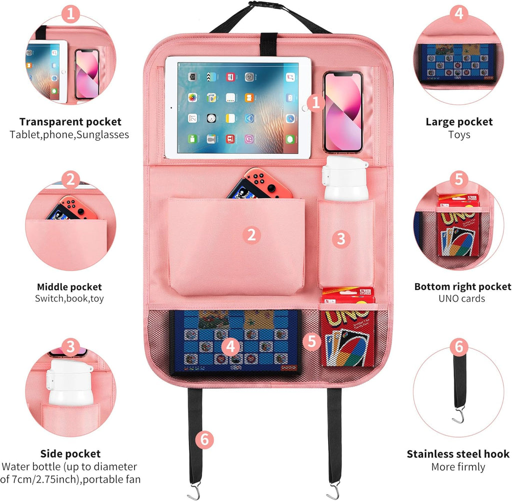 LUCMO Car Backseat Organizer with Tablet Holder-2 Pcs,6 Storage Pockets Car Storage Organizer with Foldable Food Tray,Protectors Kick Mats Travel Accessories-Pink